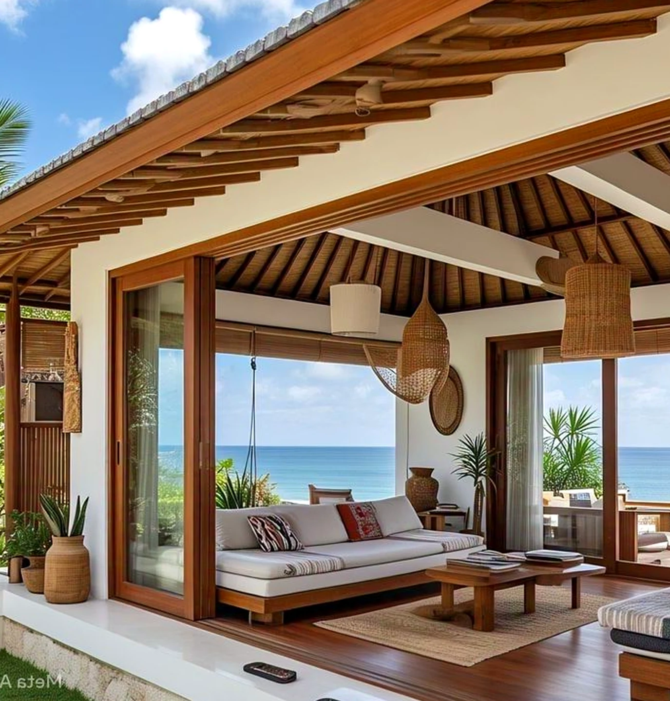 Sunny poolside setting supports the table through warmth, leaving the space feeling soft at the edges.