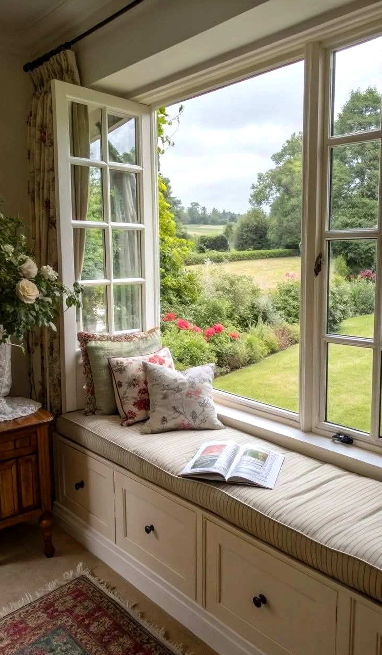 Elegant balcony scene supports the arrangement through personality, leaving the space feeling soft at the edges.