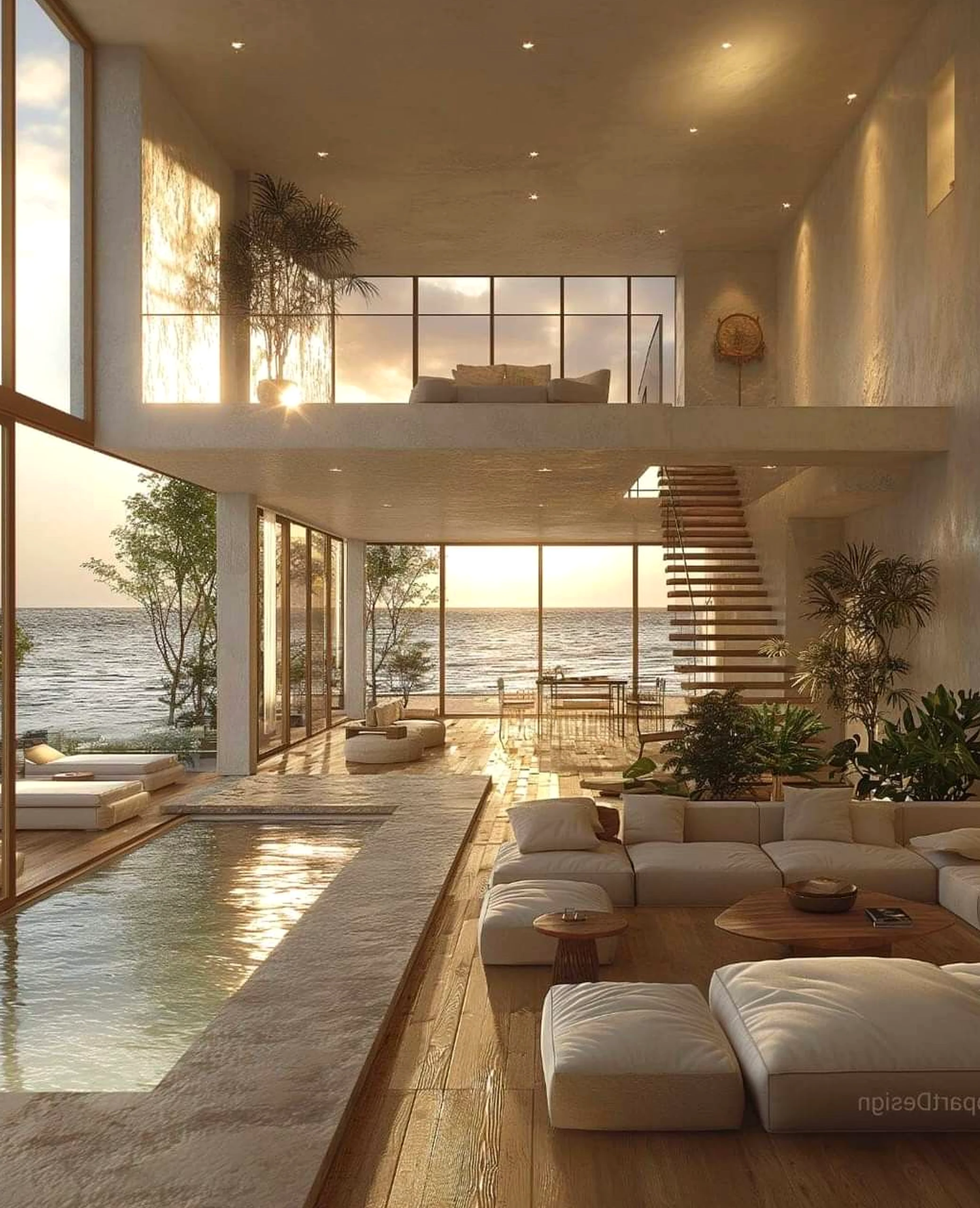 Tactile poolside setting anchors the entry with detail, giving the view a mood that feels simple yet expressive.