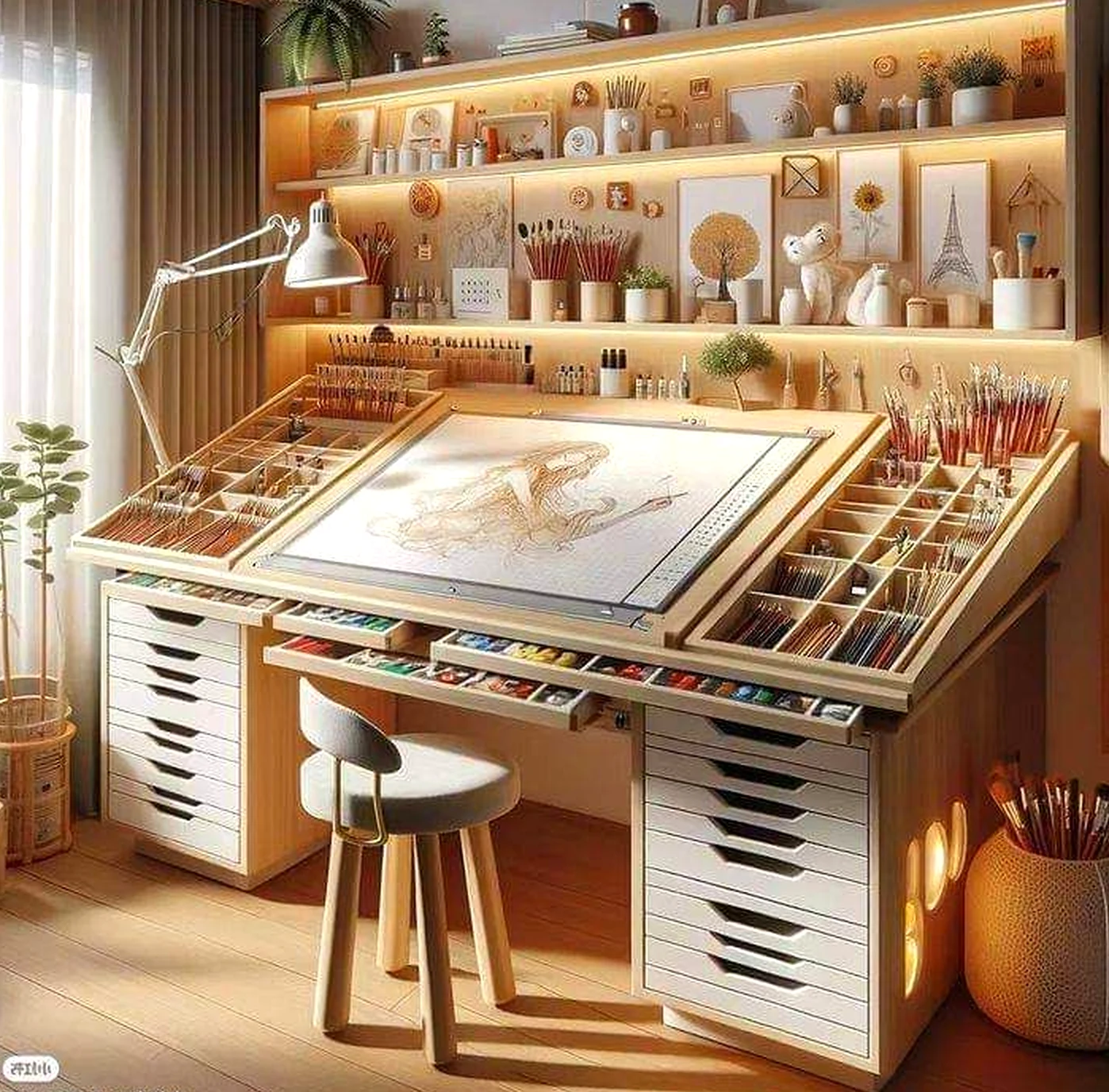 Soft floor pattern frames the composition with character, making the scene feel bright but not busy.