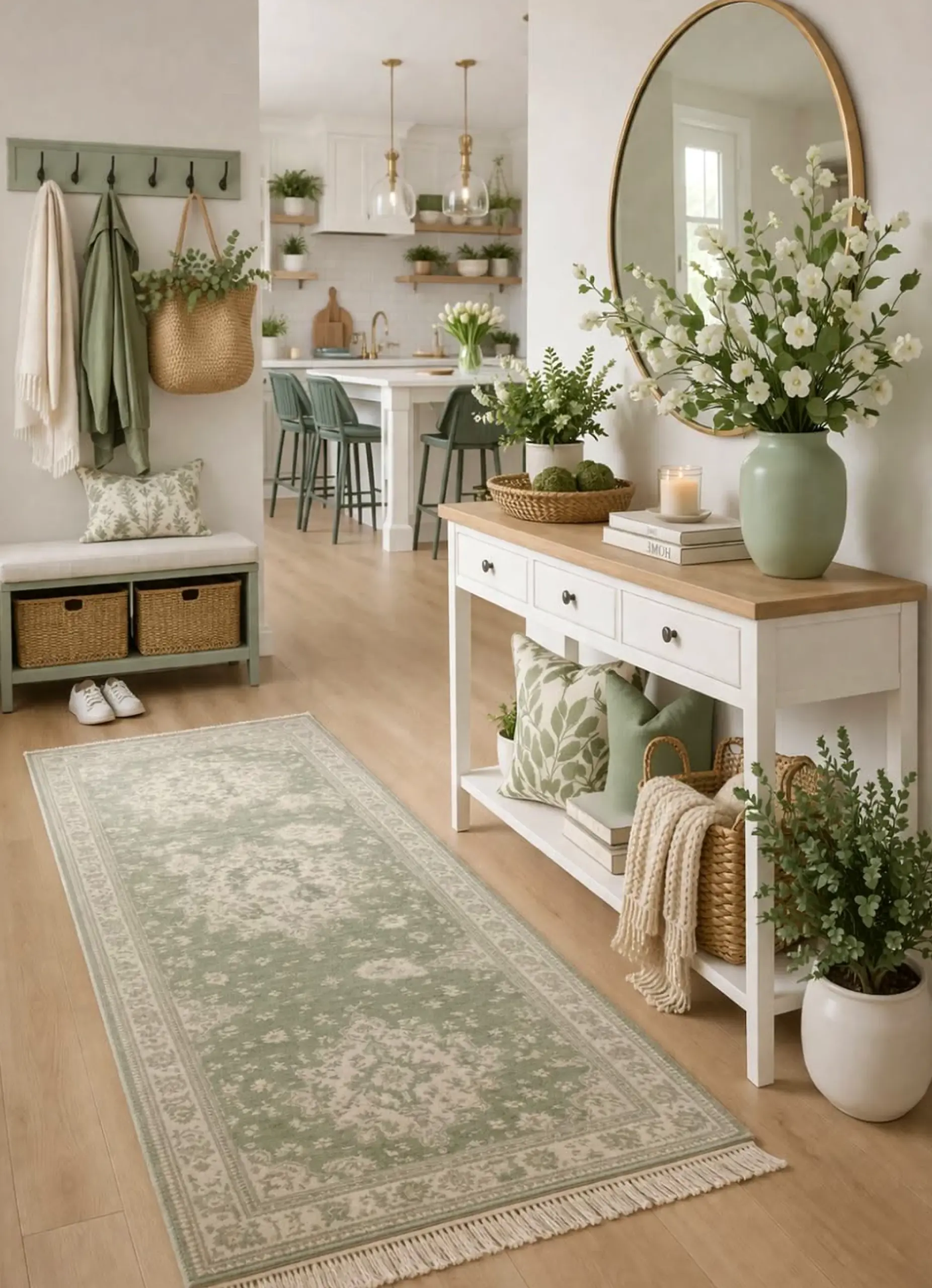 Airy wood shelving draws attention to contrast while the sitting area stays bright but not busy.