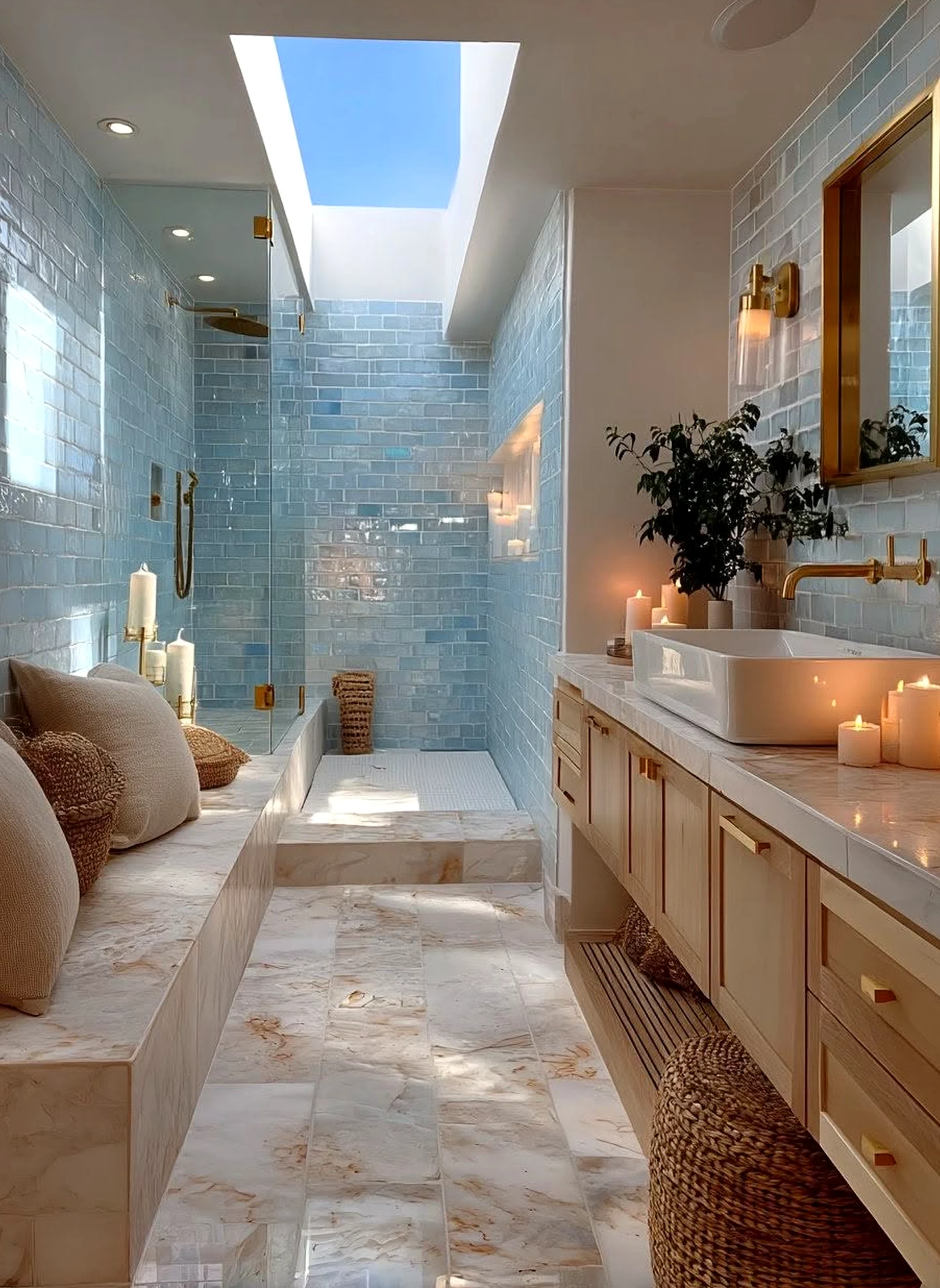 Sculptural shower wall brings depth to the outdoor space, creating a mood that feels settled and welcoming.