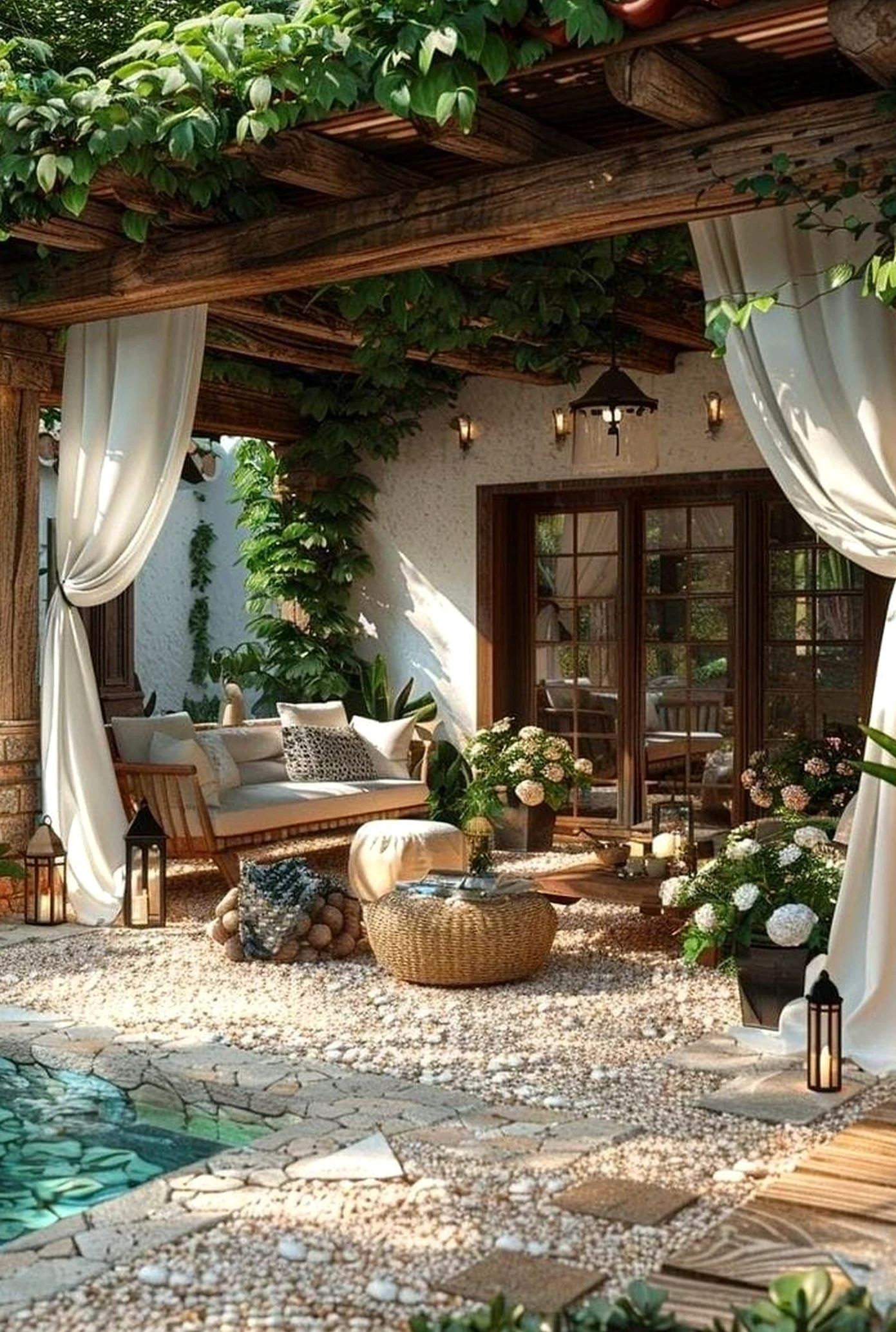 Soft plant shelf adds detail across the outdoor space, giving the decor a finish that feels visually grounded.