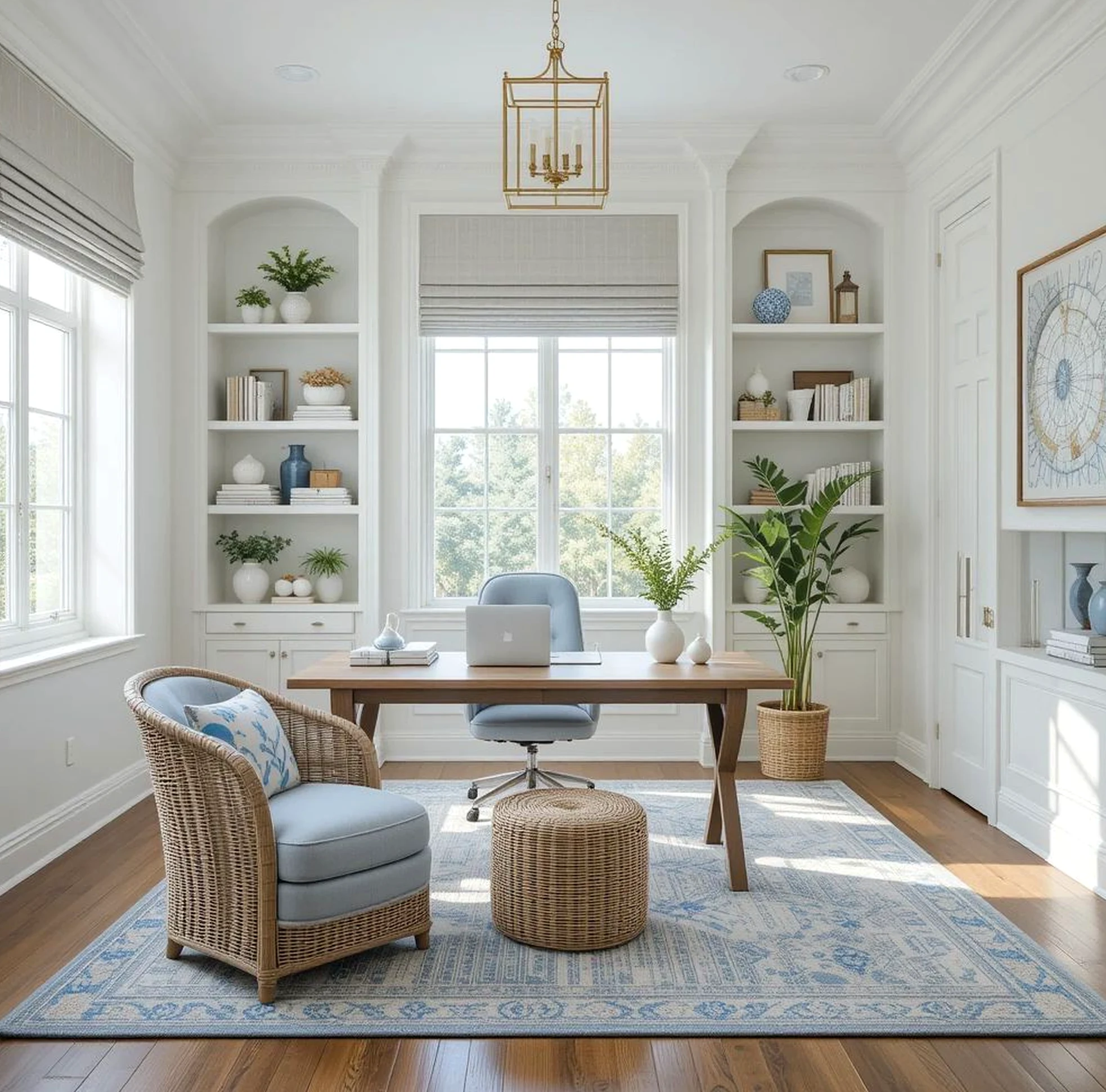 Quiet kitchen nook draws attention to balance while the entry stays visually grounded.
