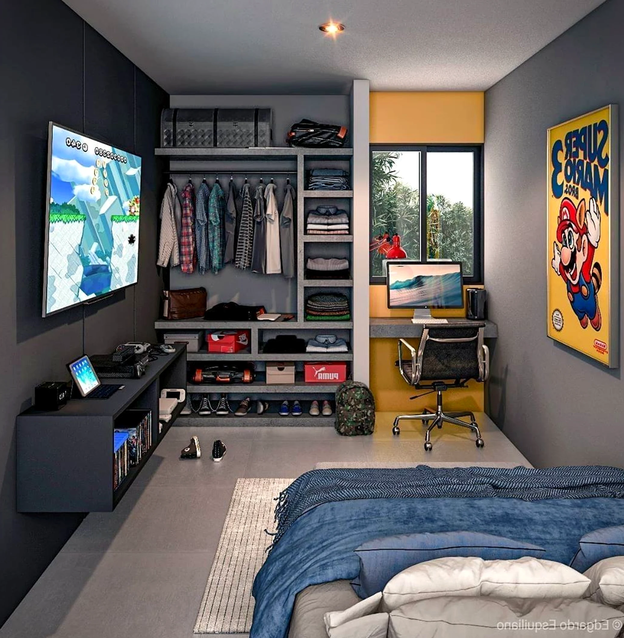 Balanced storage corner frames the entry with comfort, making the scene feel quietly finished.