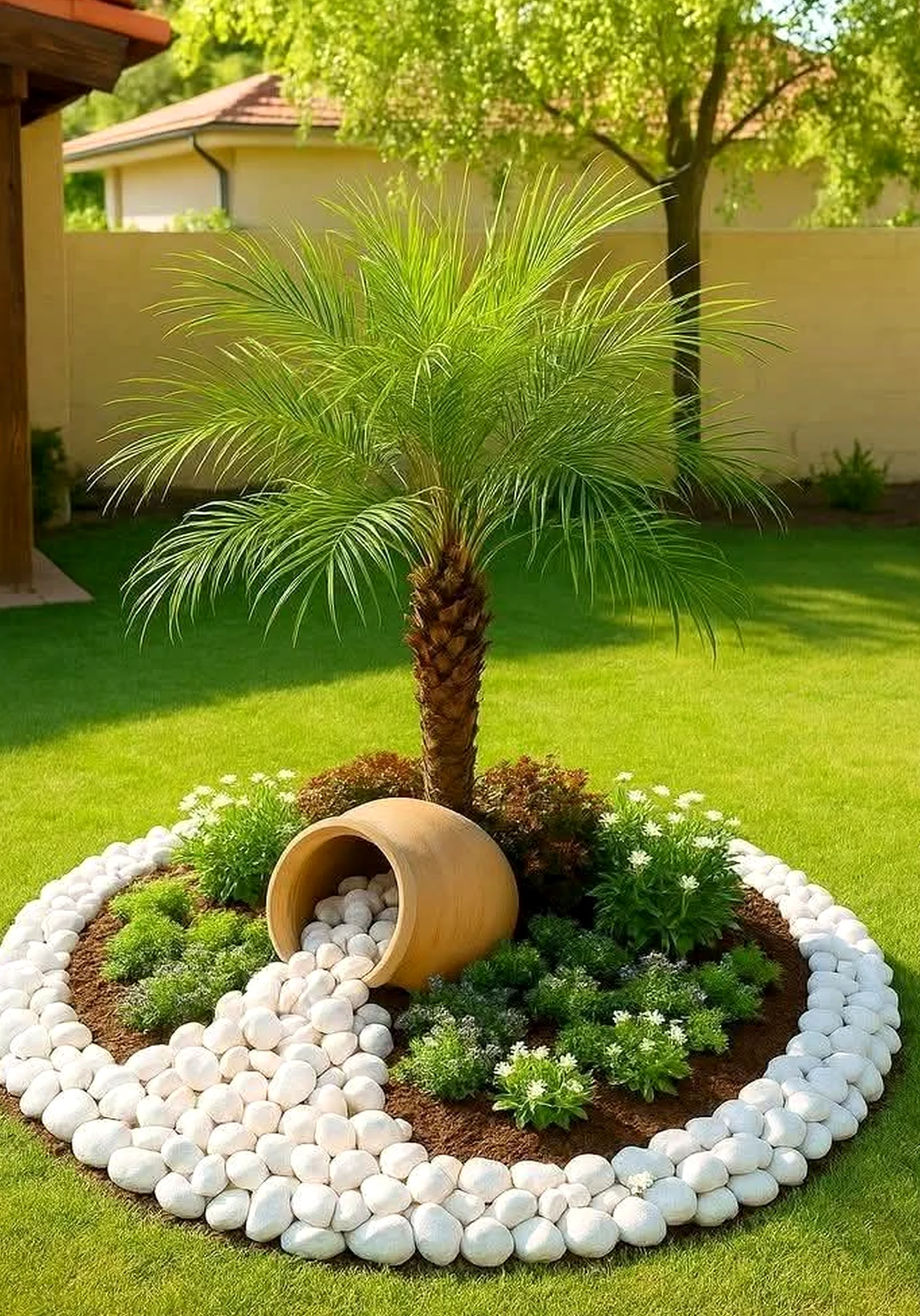 Sunny poolside setting draws attention to freshness while the design stays warm without clutter.