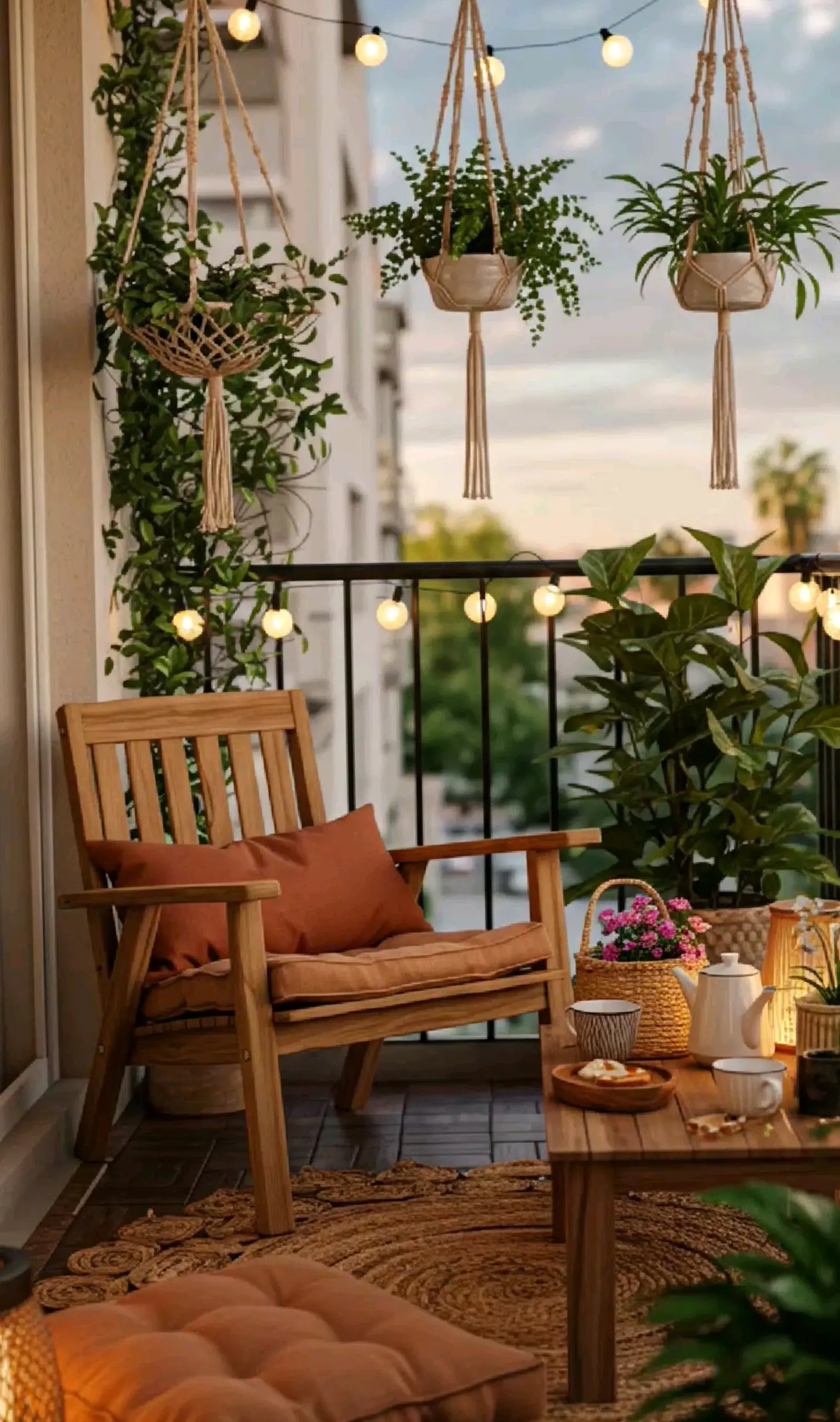 Compact flower arrangement gives the sitting area more texture, so the whole view feels ready for quiet use.