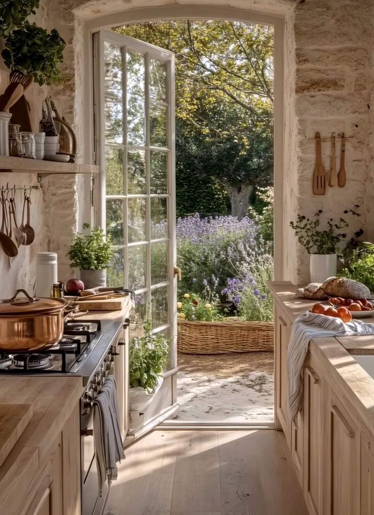 Earthy window seat frames the garden edge with shape, making the scene feel bright but not busy.