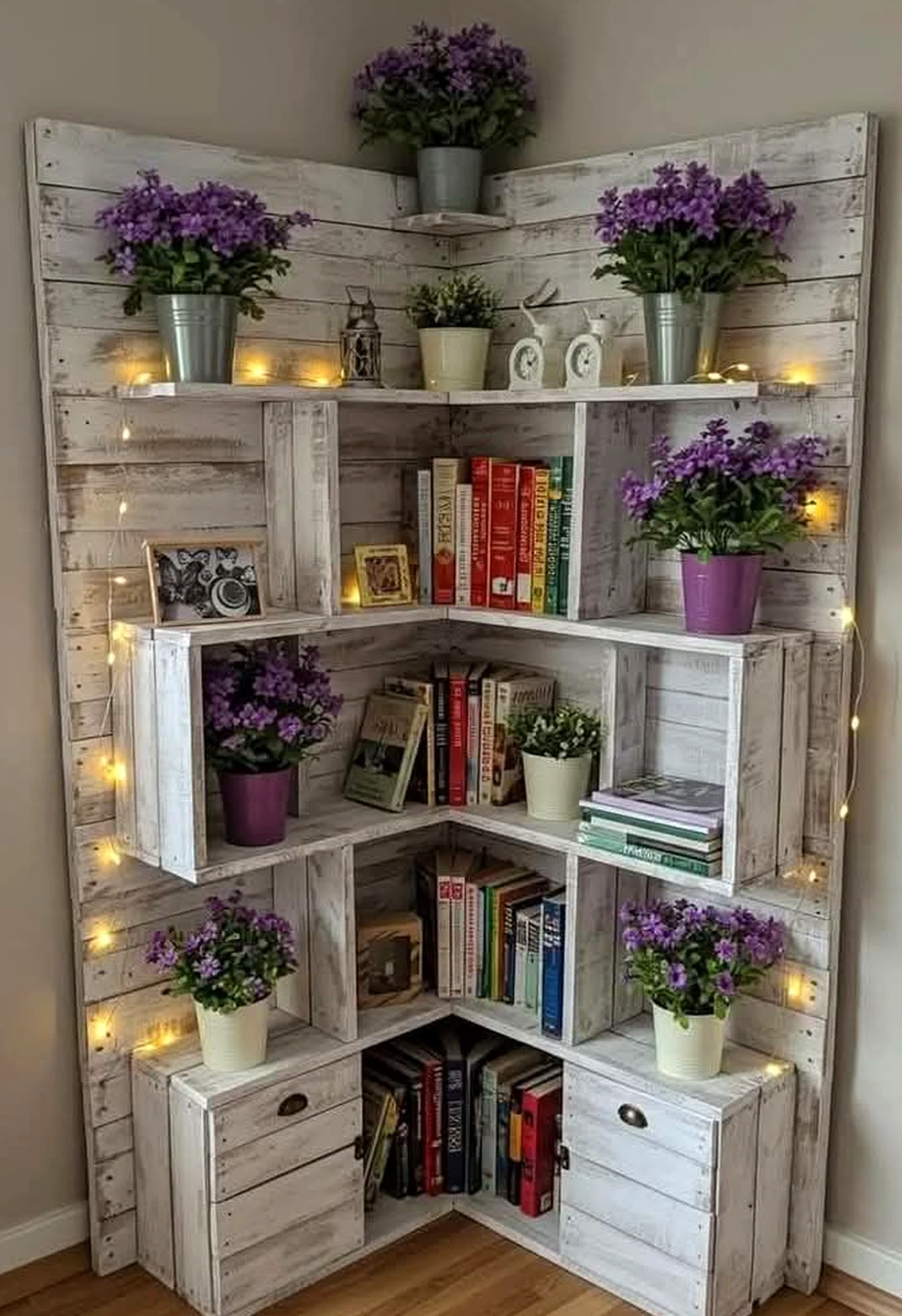 Soft plant shelf adds shape across the room, giving the decor a finish that feels bright but not busy.
