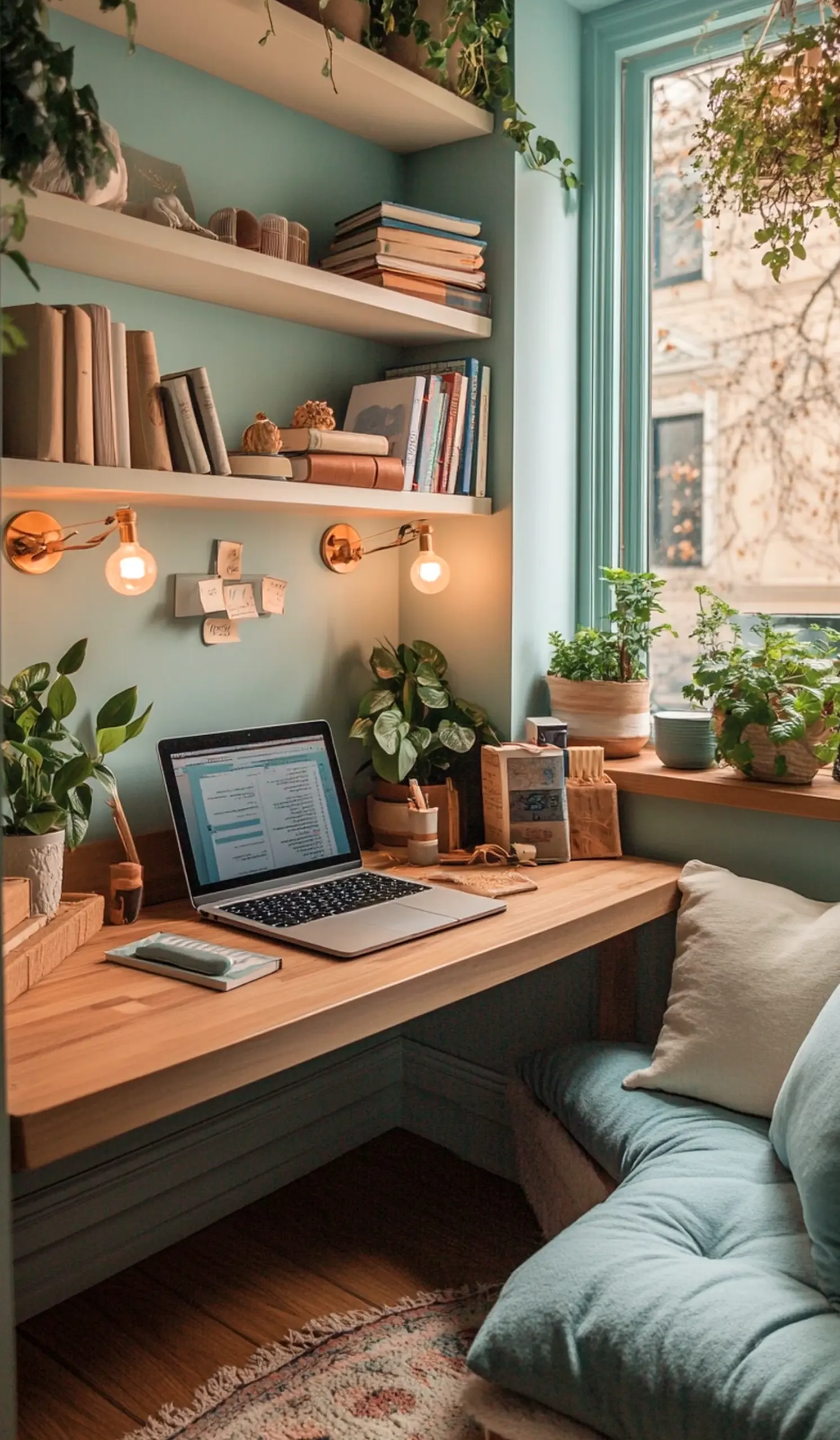 Polished window seat adds shape across the backdrop, giving the decor a finish that feels personal and relaxed.