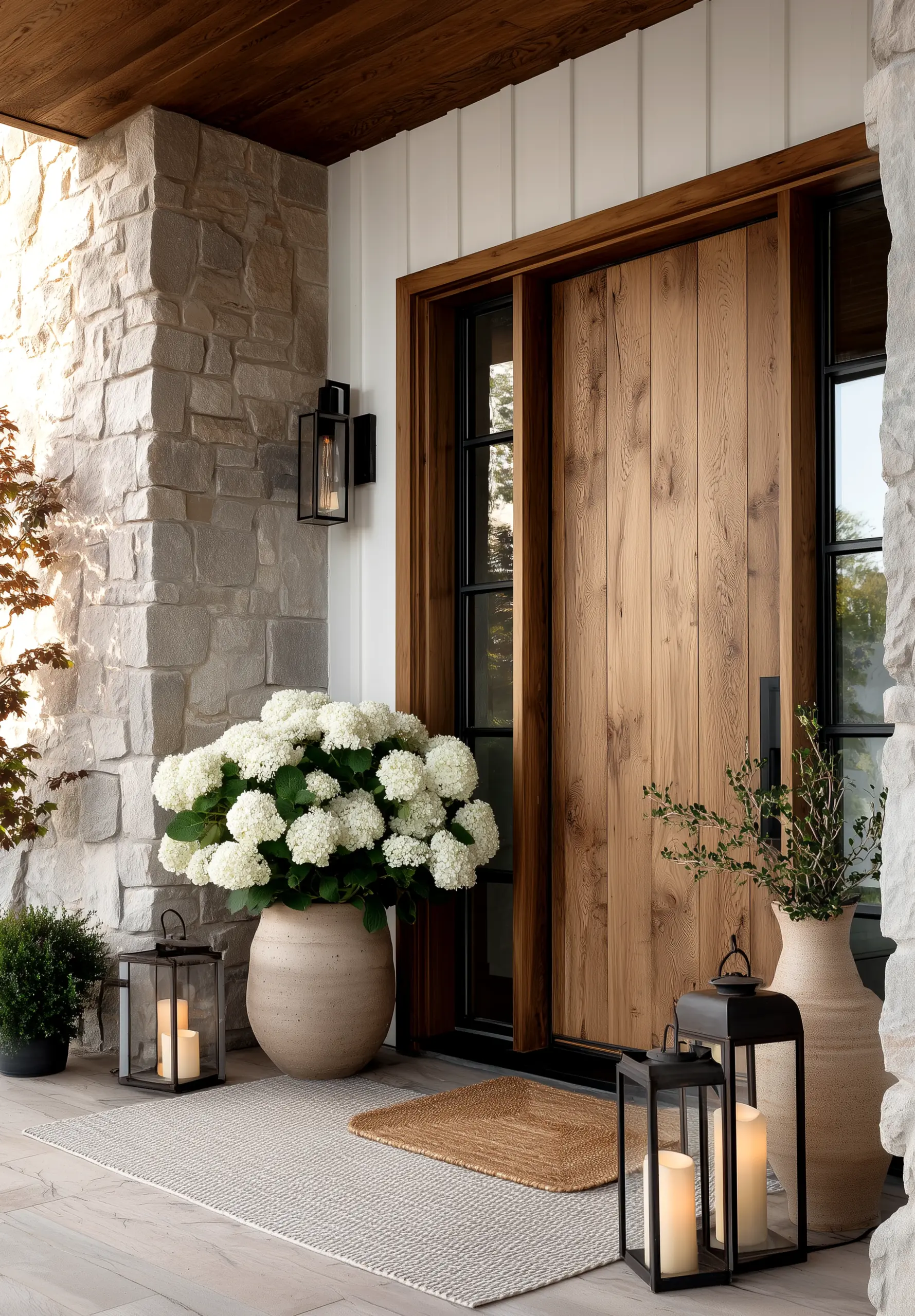 Calm courtyard view frames the table with shape, making the scene feel pleasantly composed.