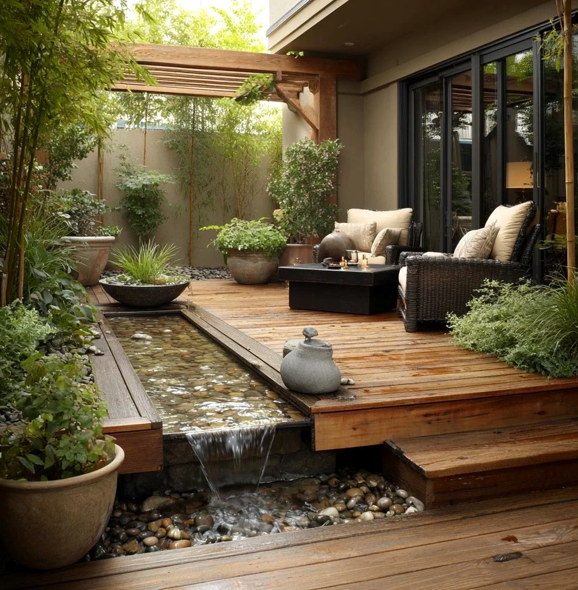 Layered garden seating introduces order into the entry, keeping the atmosphere pleasantly composed.