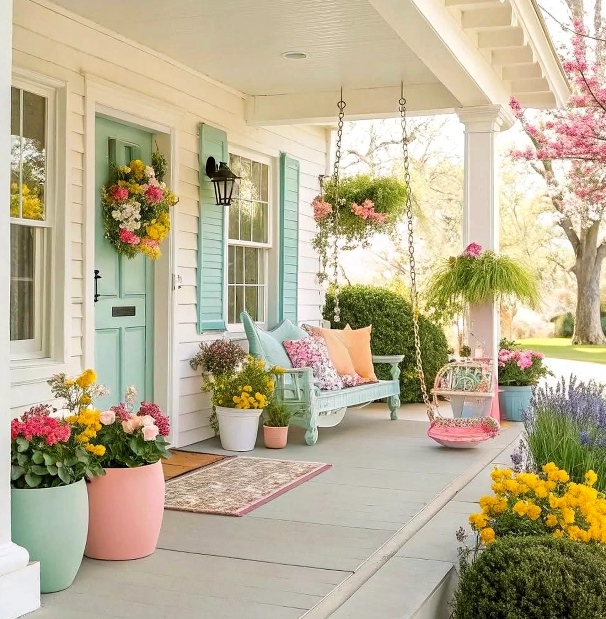 Colorful bathroom vanity brings focus to the outdoor space, creating a mood that feels fresh and intentional.