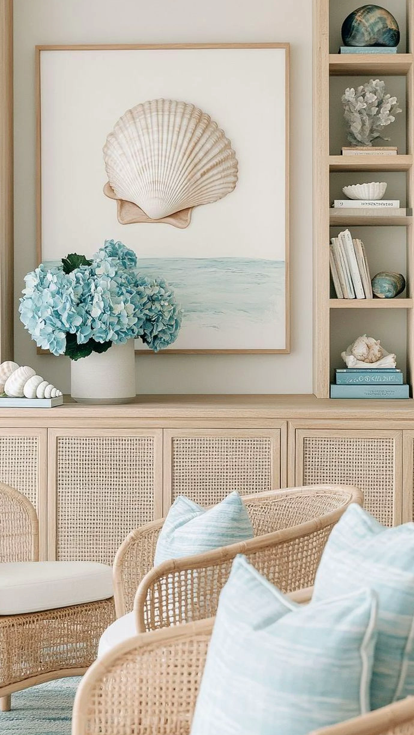 Open woven chair adds a clear layer of balance, helping the entry feel simple yet expressive.