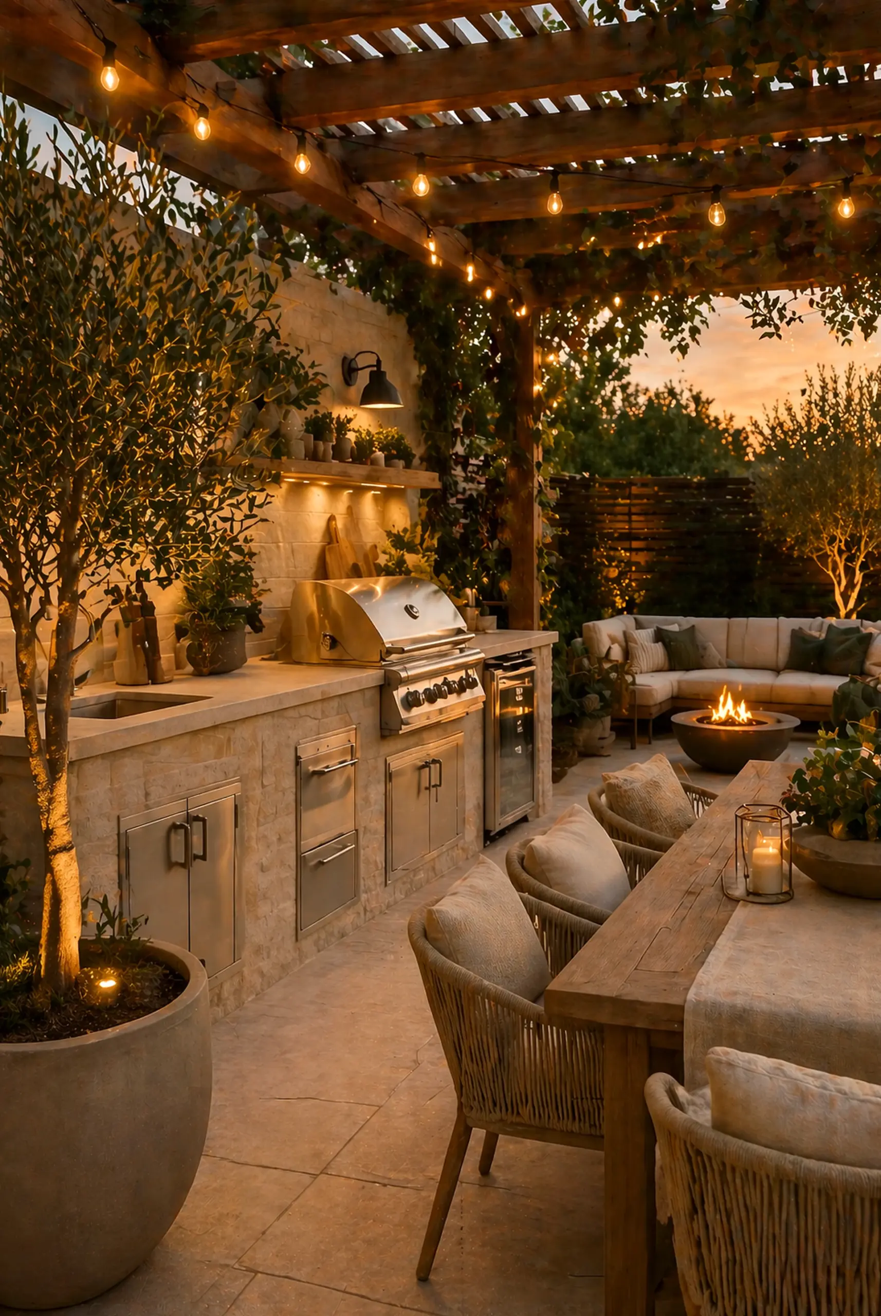 Balanced stone terrace frames the design with warmth, making the scene feel visually grounded.