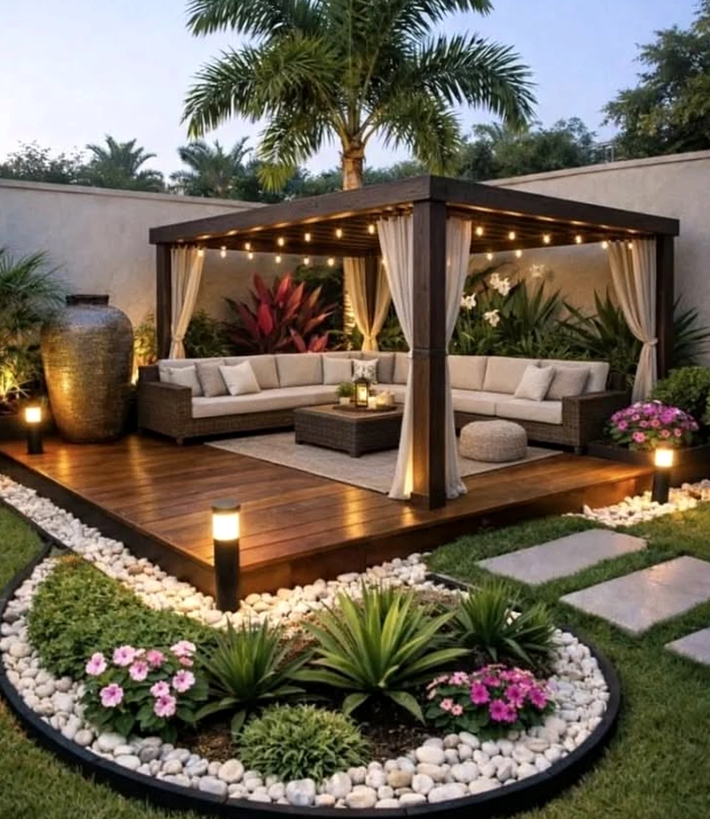Sculptural plant shelf adds depth across the garden edge, giving the decor a finish that feels simple yet expressive.