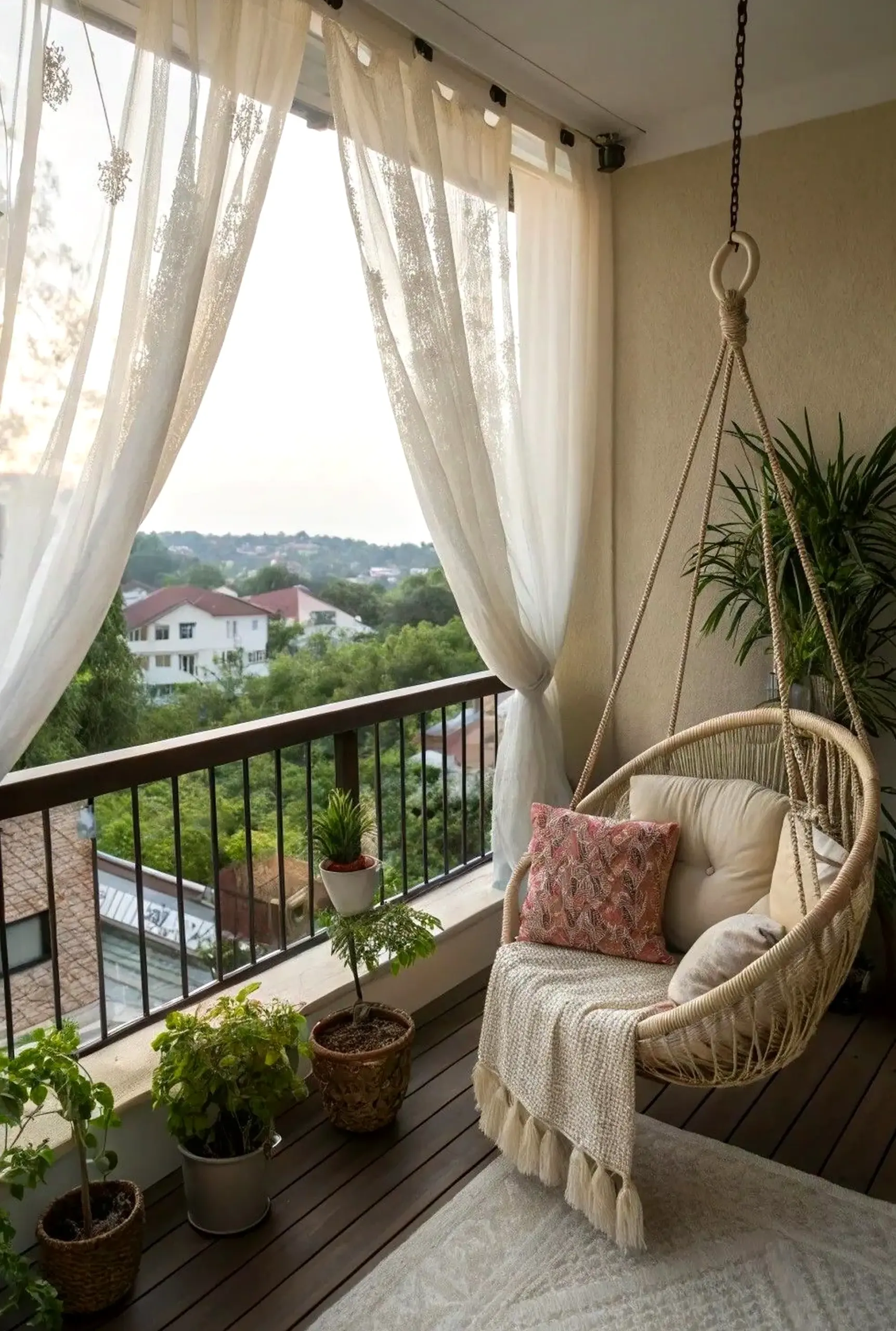 Subtle painted door anchors the garden edge with detail, giving the view a mood that feels visually grounded.