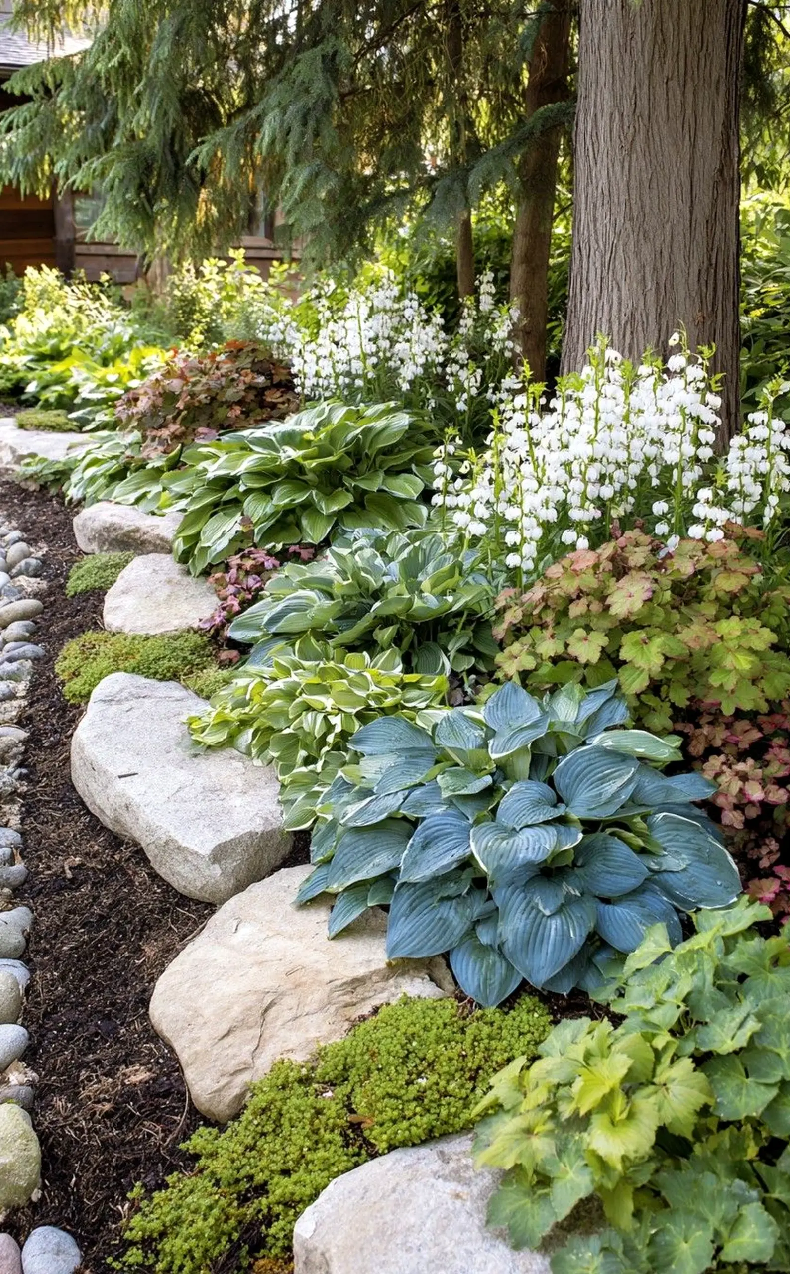 Layered plant shelf introduces balance into the garden edge, keeping the atmosphere open and lived-in.