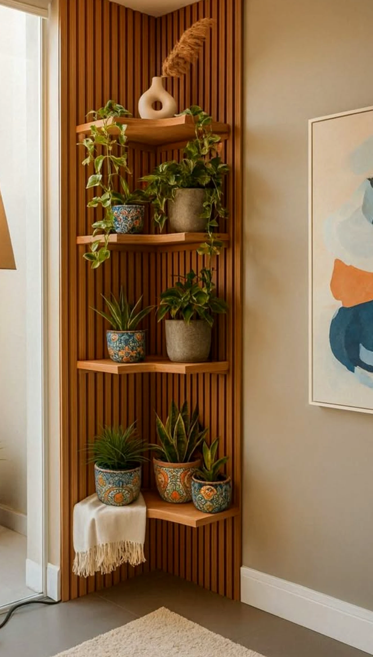 Quiet flower arrangement gives the composition more shape, so the whole view feels open and lived-in.