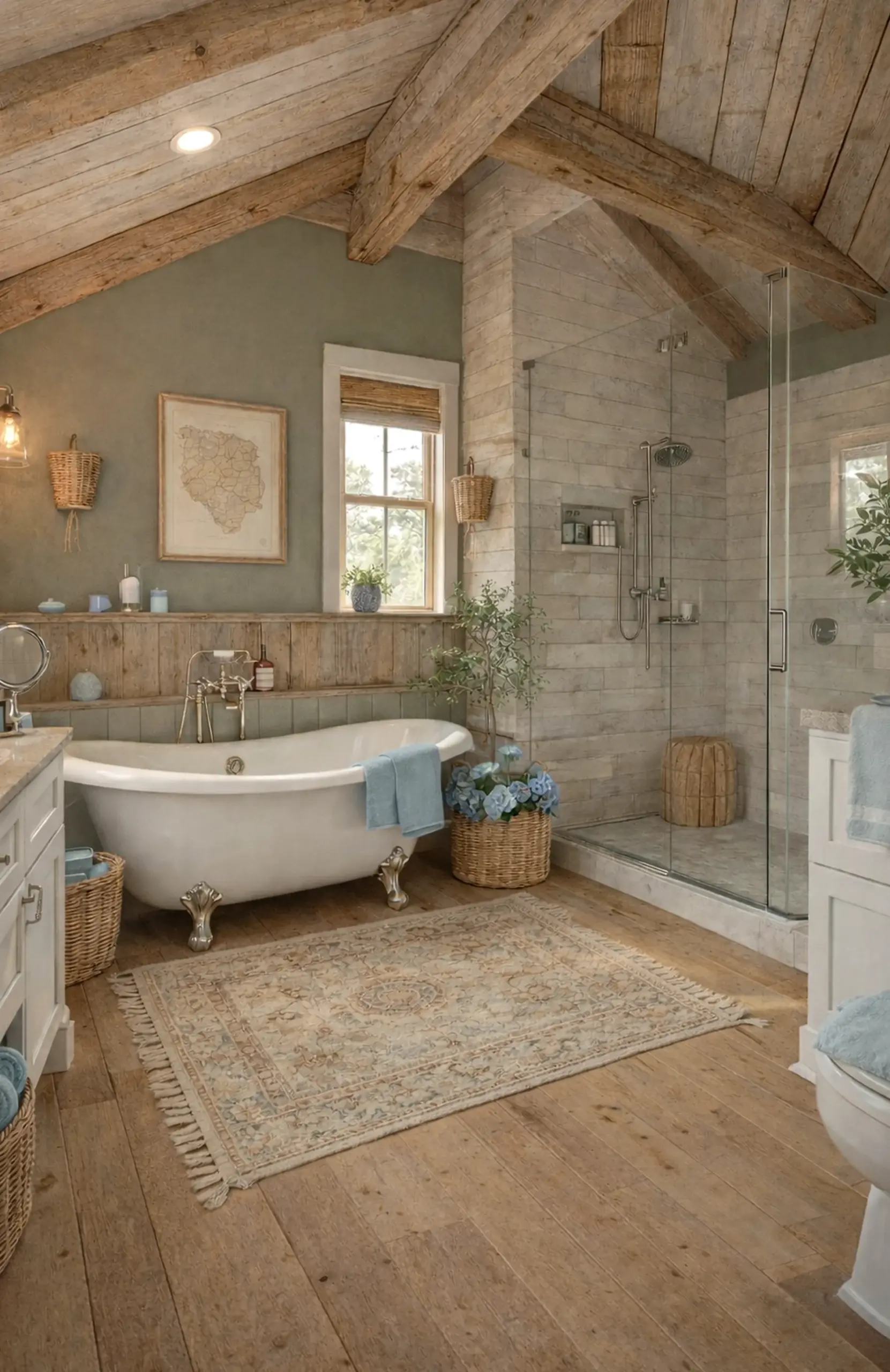 Colorful sink area anchors the wall with charm, giving the view a mood that feels warm without clutter.