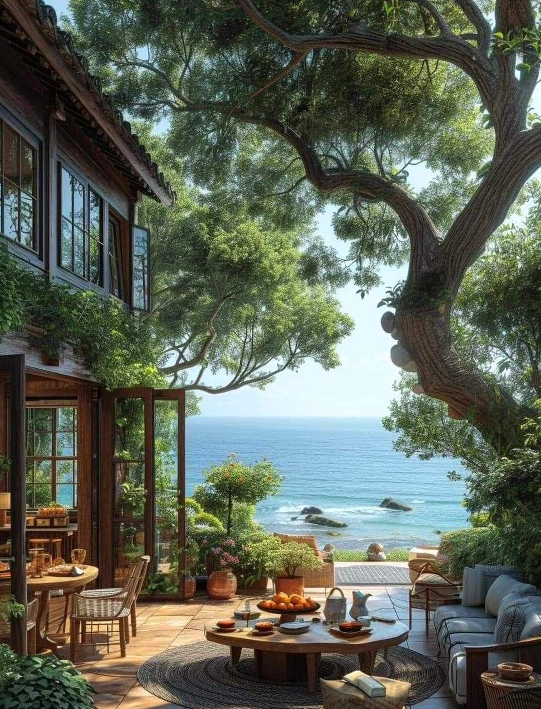 Fresh porch bench anchors the sitting area with order, giving the view a mood that feels soft at the edges.
