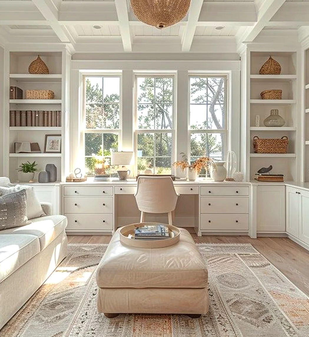 Airy wood shelving adds a clear layer of shape, helping the arrangement feel open and lived-in.