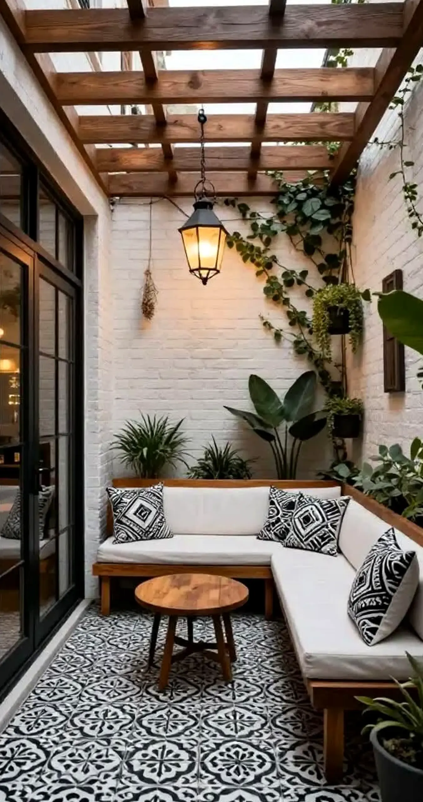 Compact garden seating gives the wall more warmth, so the whole view feels clear and inviting.