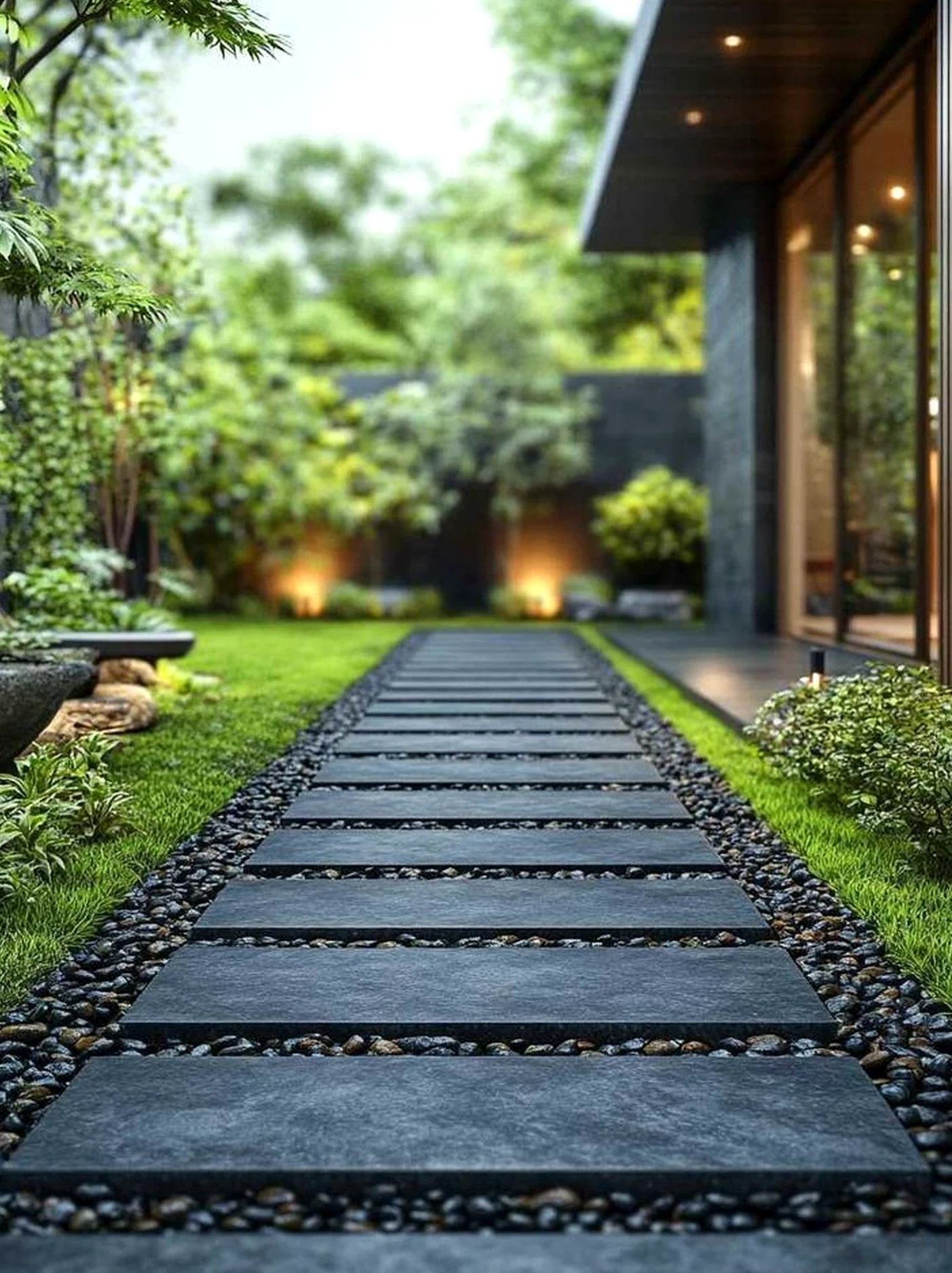 Textured stone terrace brings focus to the design, creating a mood that feels clear and inviting.