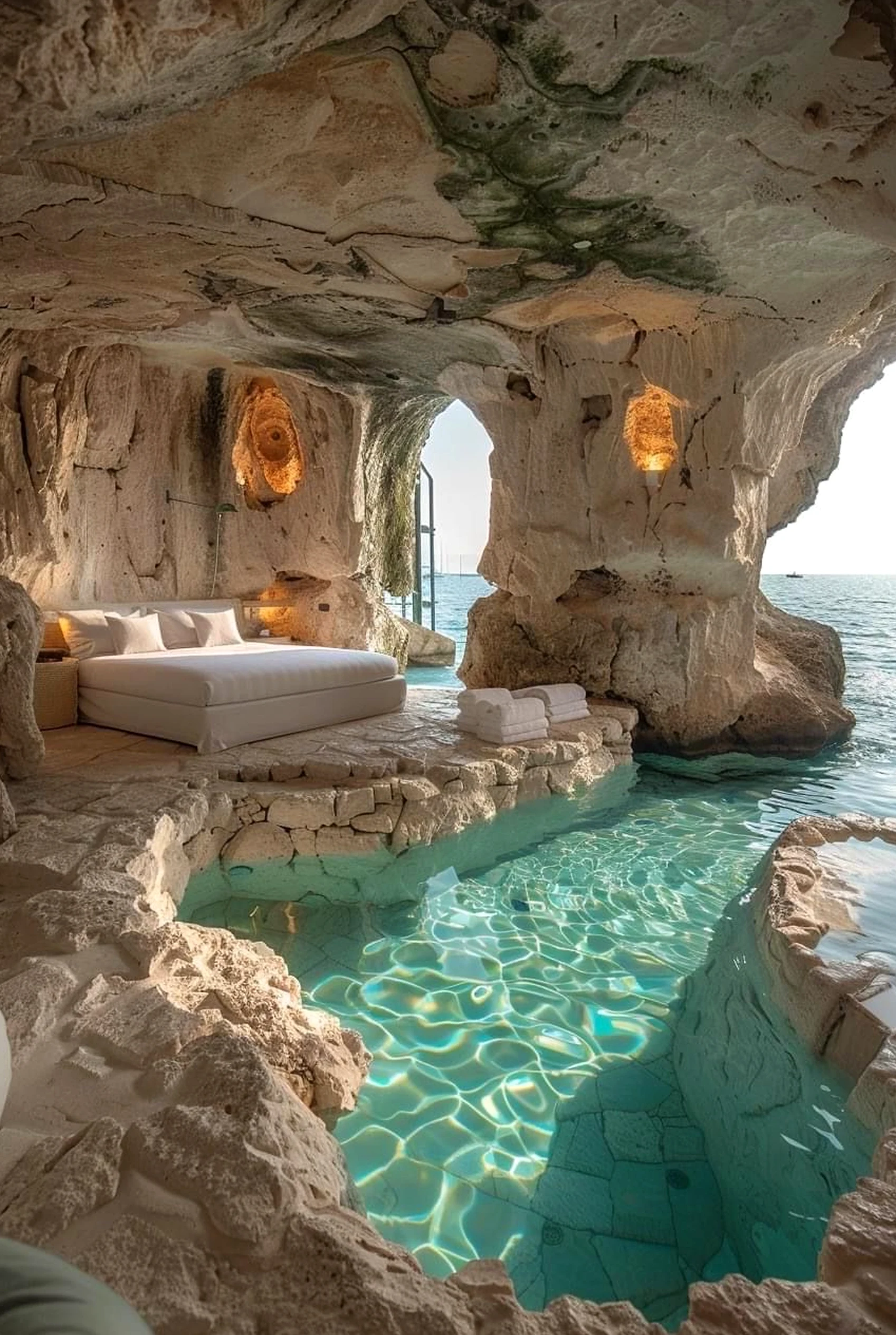 Tactile poolside setting brings a useful note of movement, making the wall feel open and lived-in.