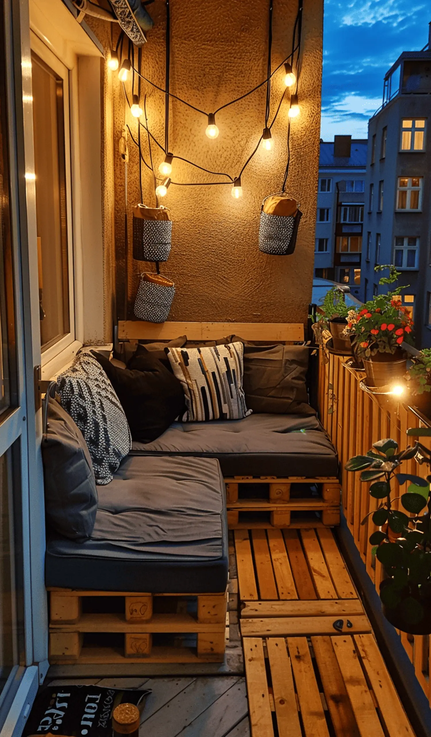 Elegant wood shelving draws attention to light while the garden edge stays warm without clutter.