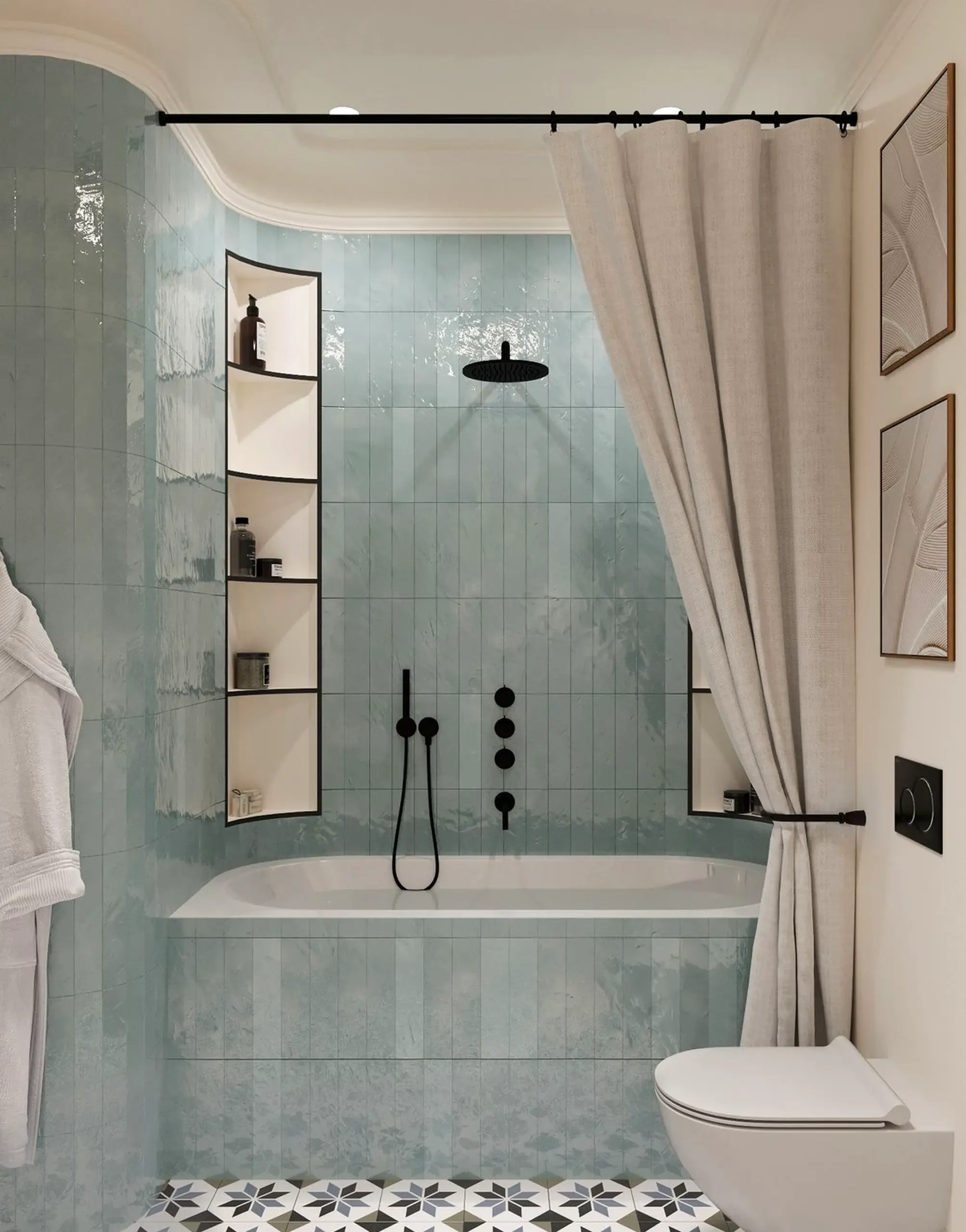 Layered colorful passage draws attention to balance while the corner stays bright but not busy.