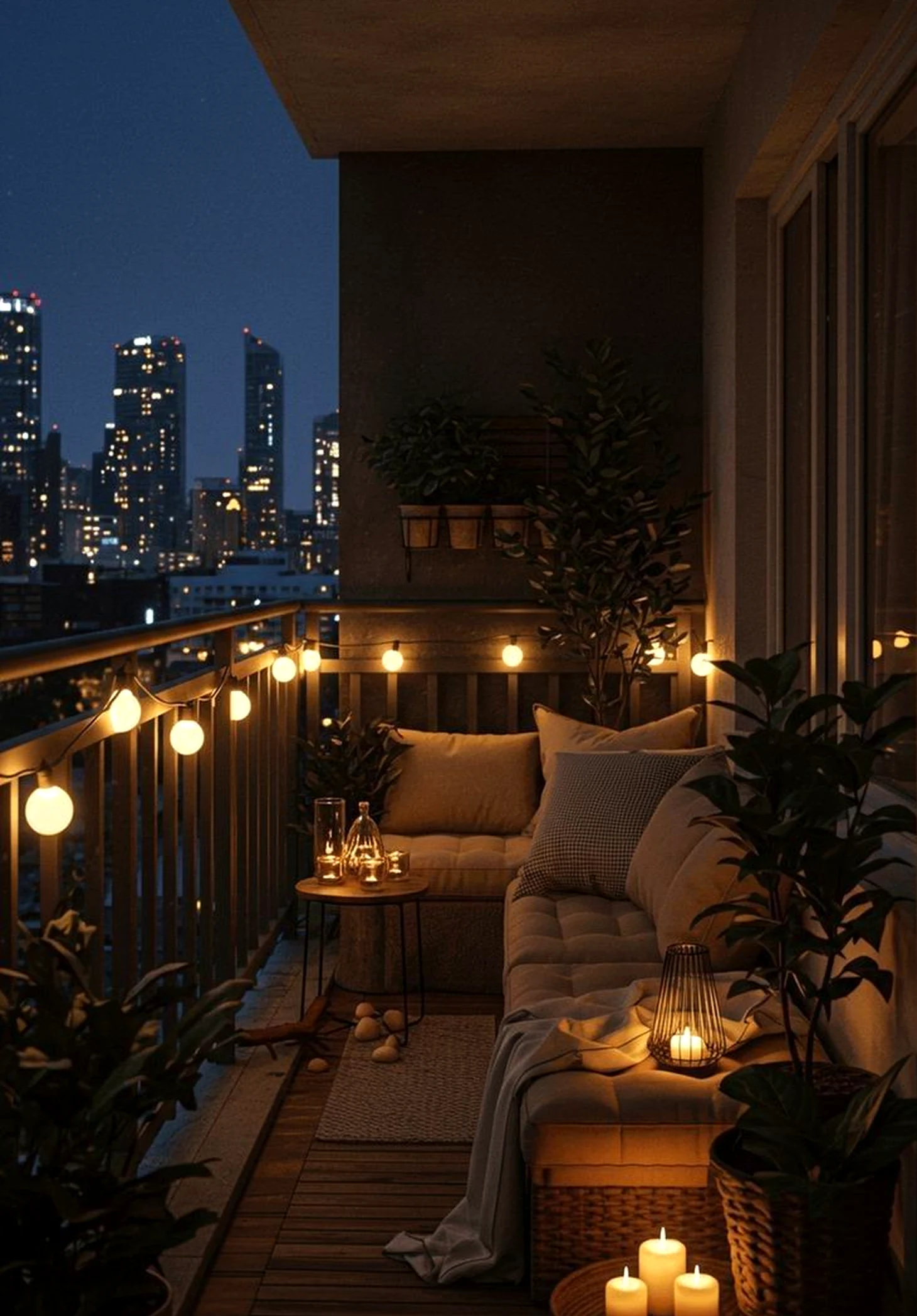 Luminous patio corner draws attention to freshness while the garden edge stays bright but not busy.