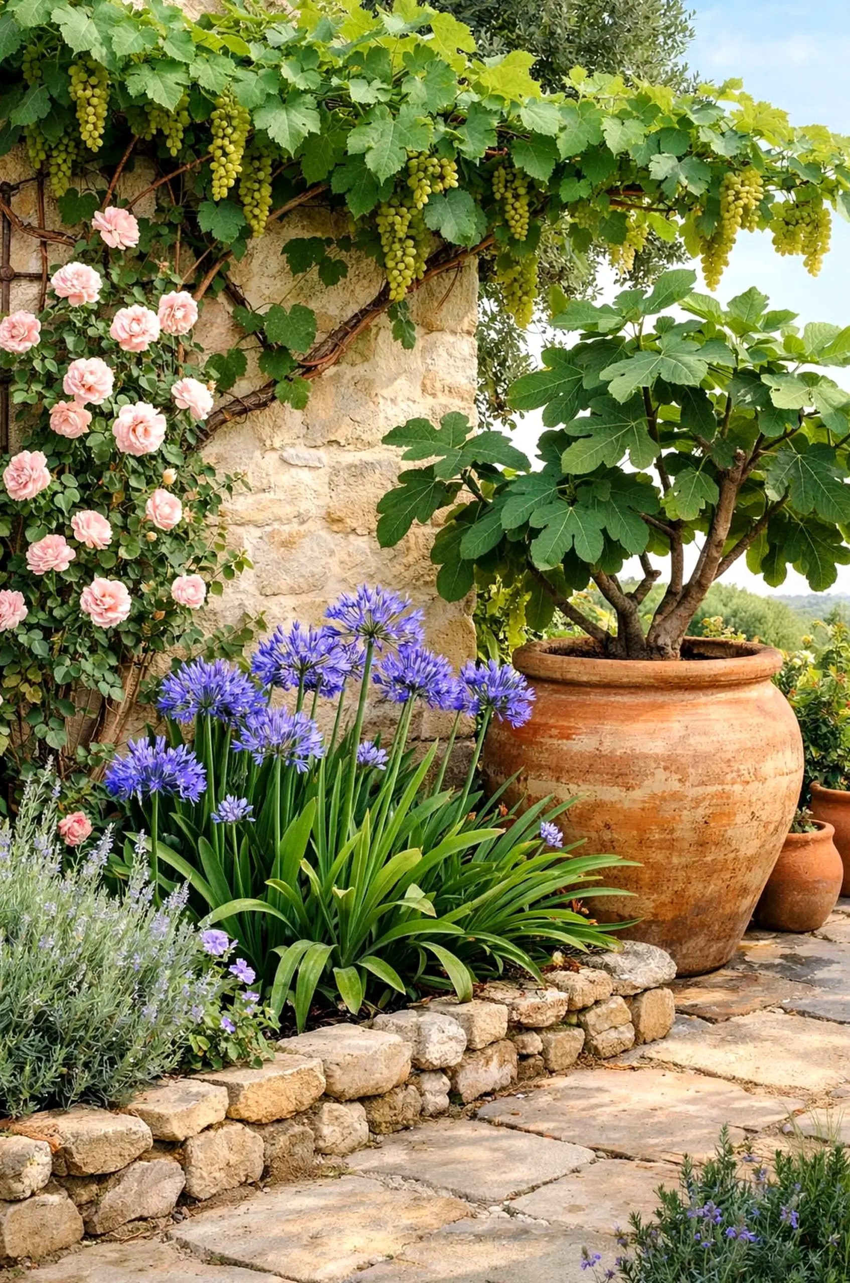 Textured stone terrace brings rhythm to the room, creating a mood that feels warm without clutter.