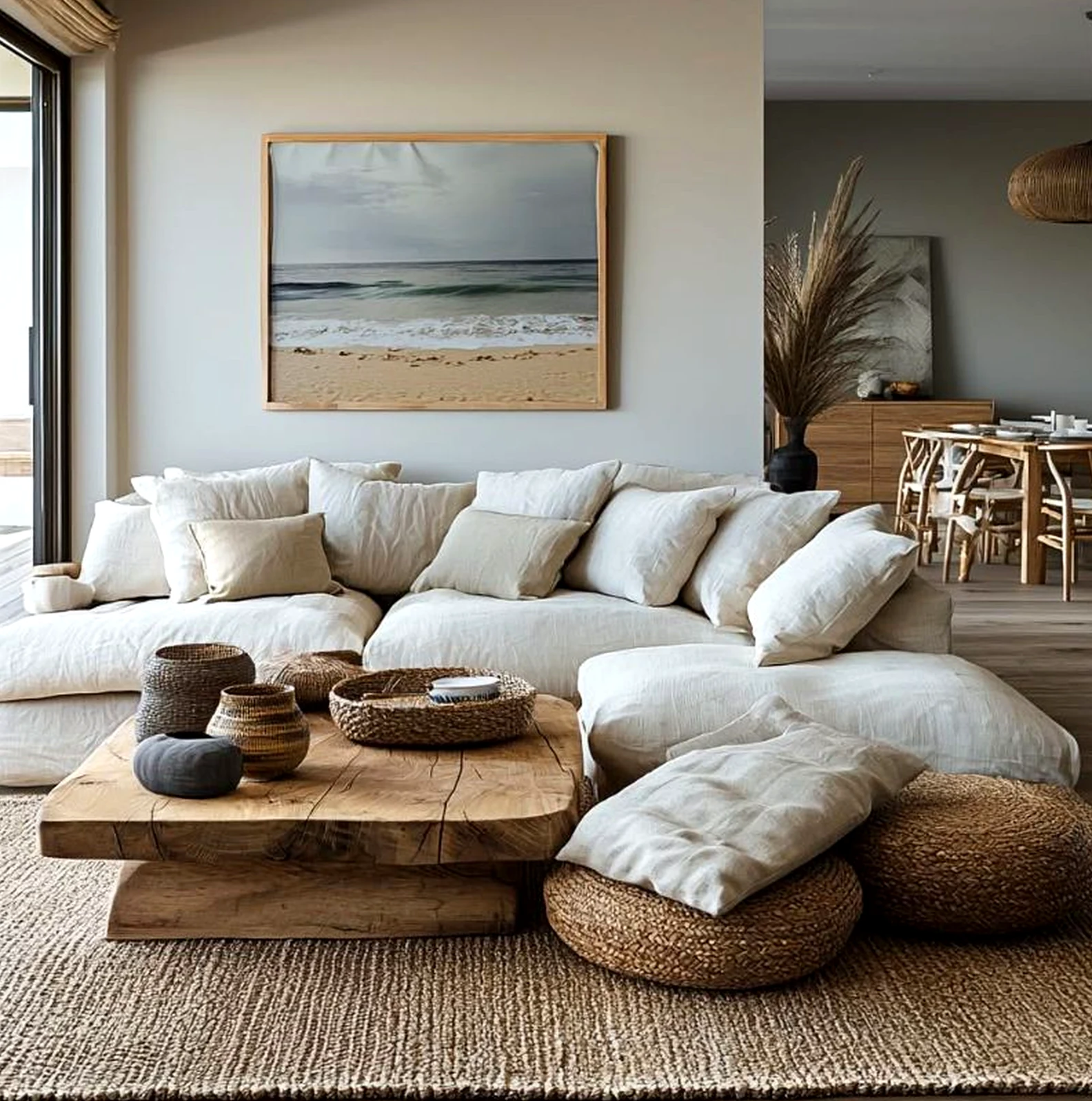 Calm courtyard view introduces clarity into the composition, keeping the atmosphere simple yet expressive.