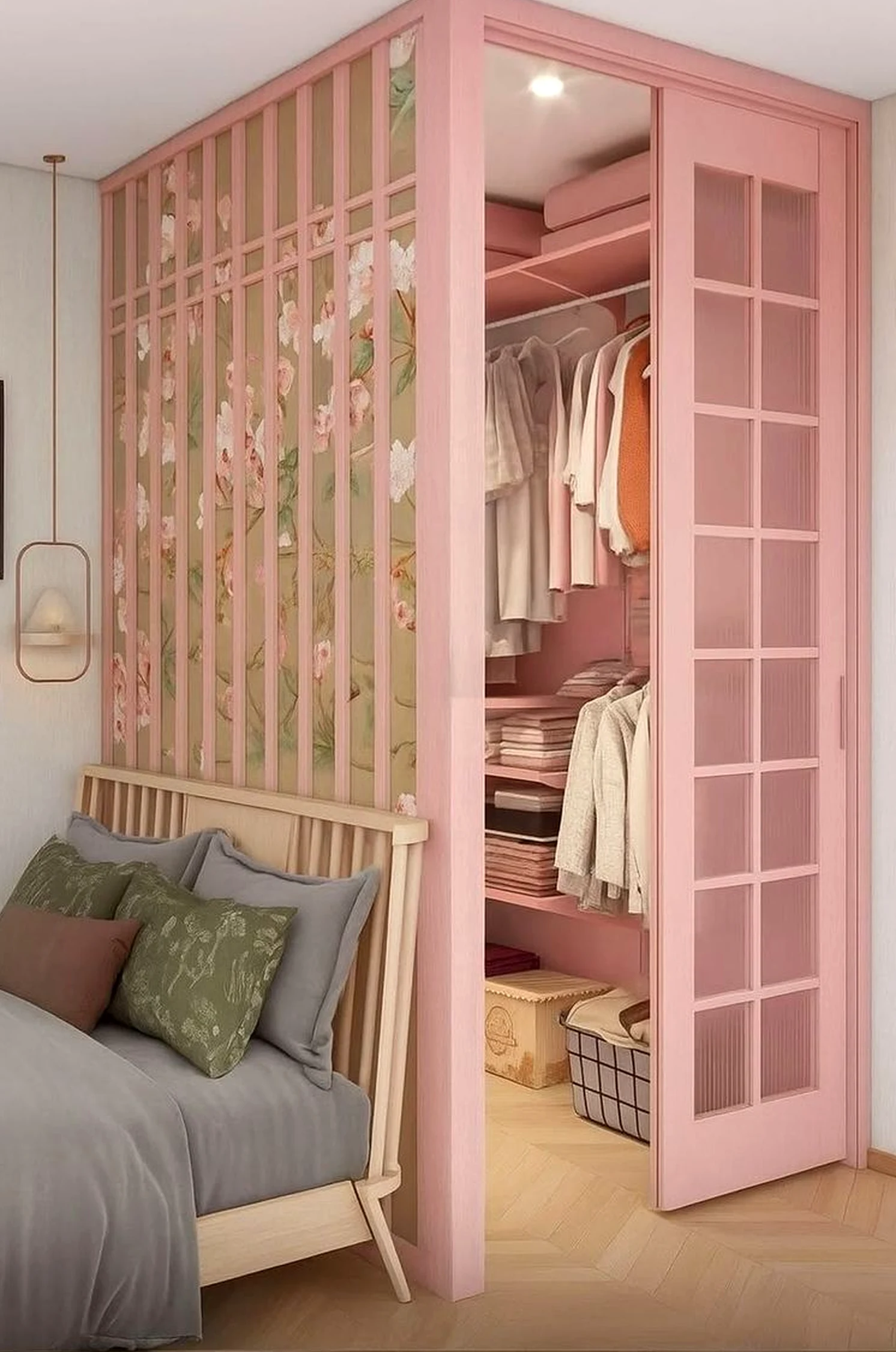 Compact shower wall introduces ease into the arrangement, keeping the atmosphere bright but not busy.