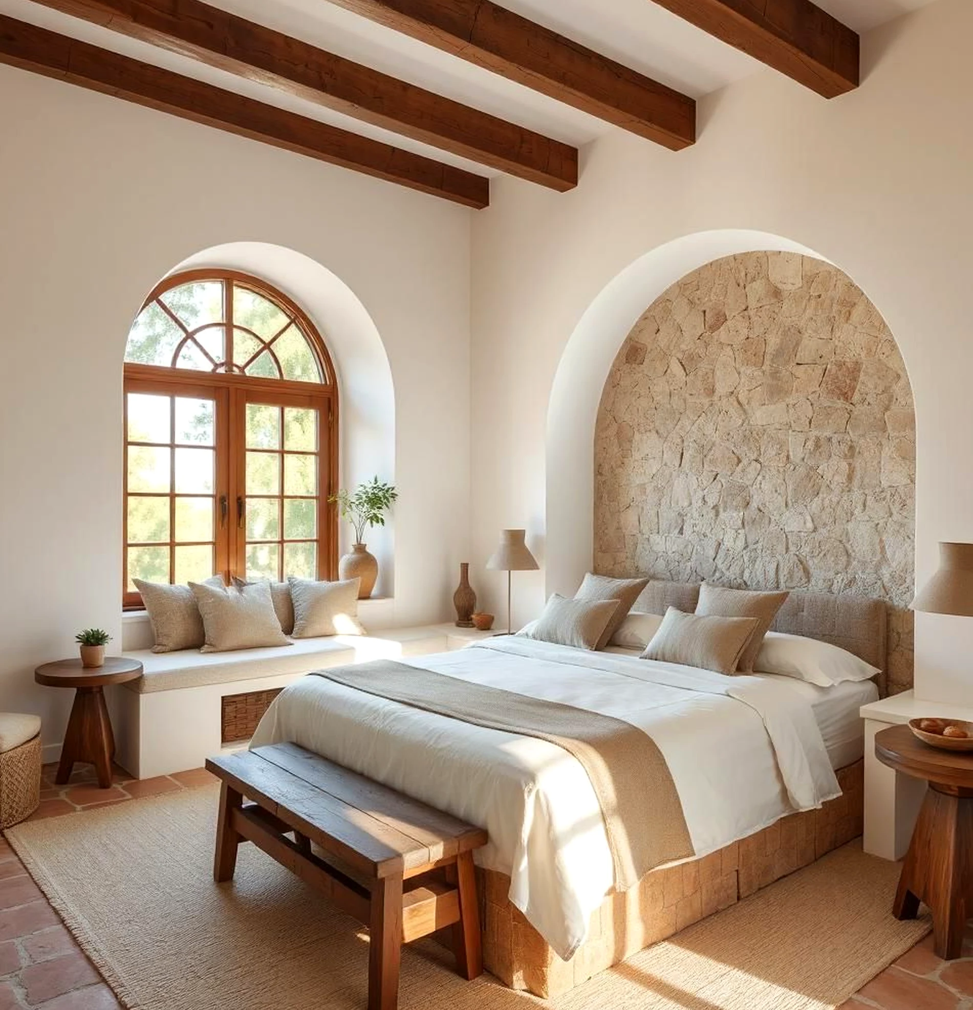 Airy floral bed supports the view through charm, leaving the space feeling quietly finished.