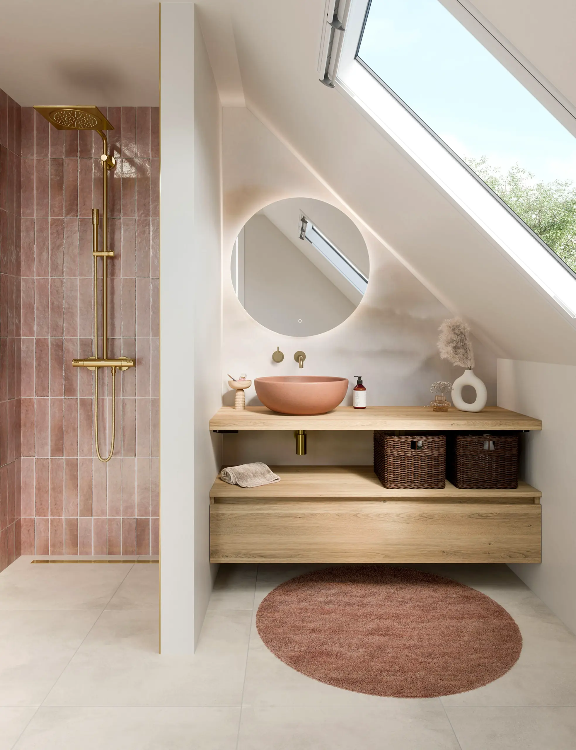 Bright bedside layer brings a useful note of comfort, making the outdoor space feel visually grounded.