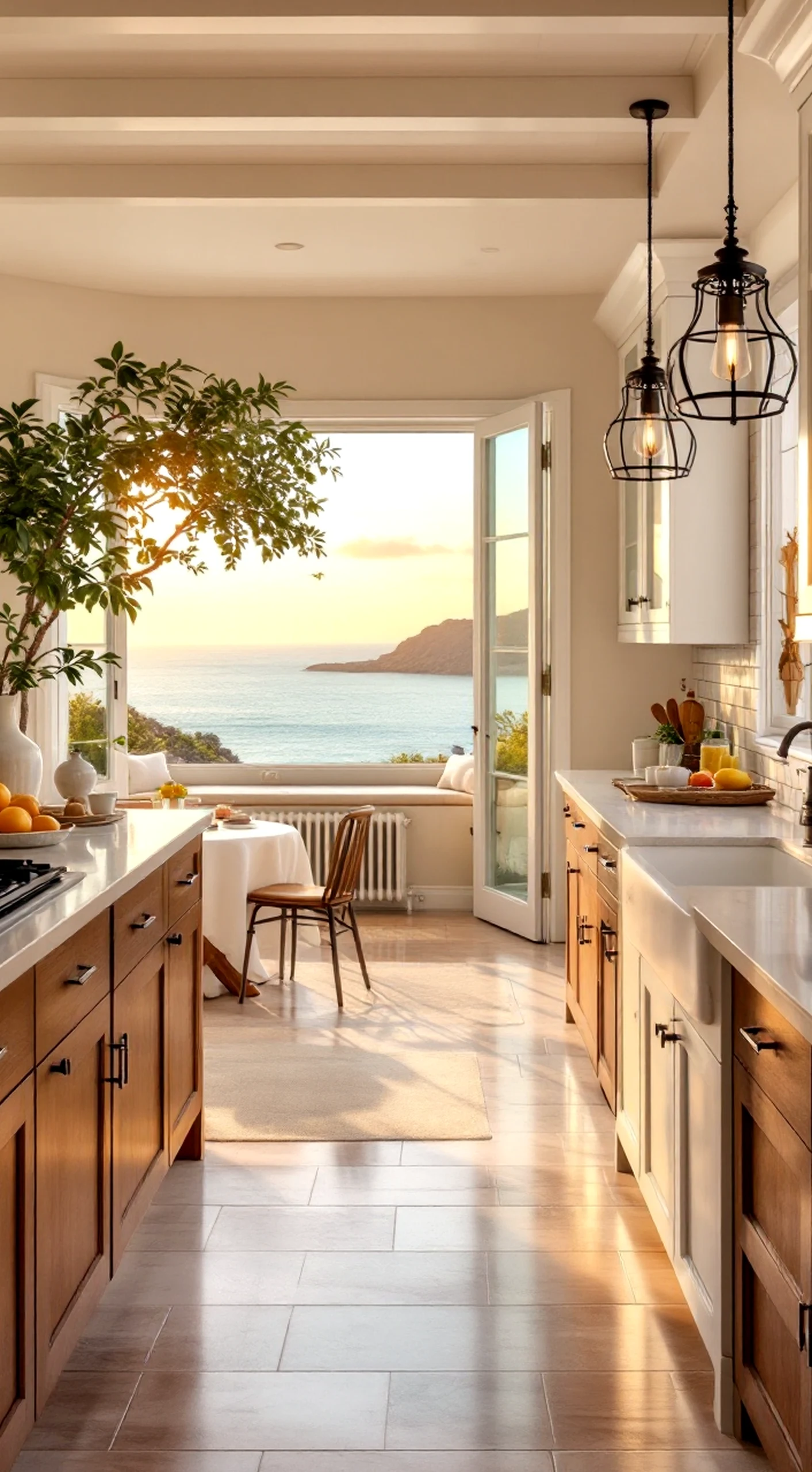 Simple breakfast table anchors the backdrop with contrast, giving the view a mood that feels warm without clutter.
