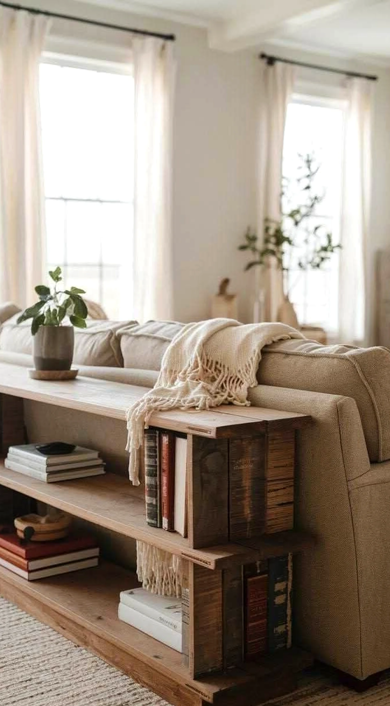 Compact soft sofa draws attention to warmth while the backdrop stays open and lived-in.