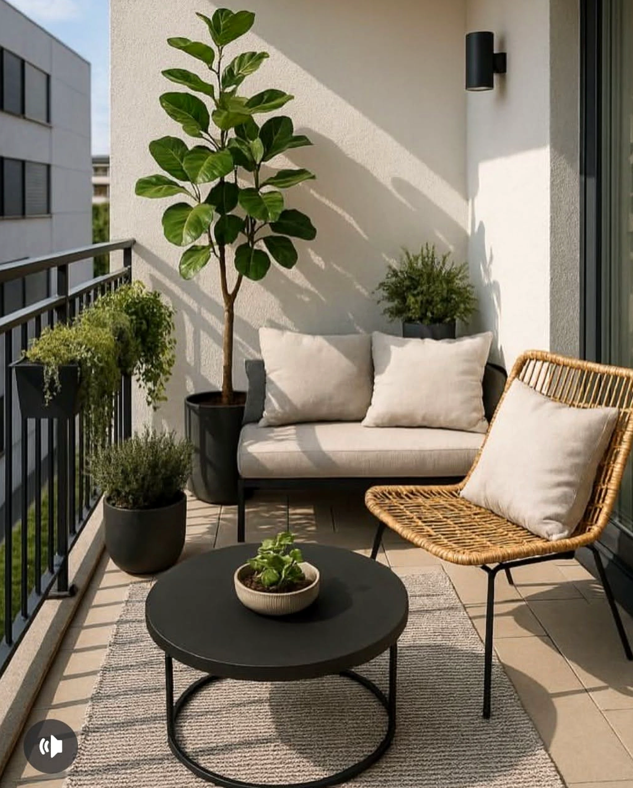 Sunny patio corner supports the room through softness, leaving the space feeling visually grounded.