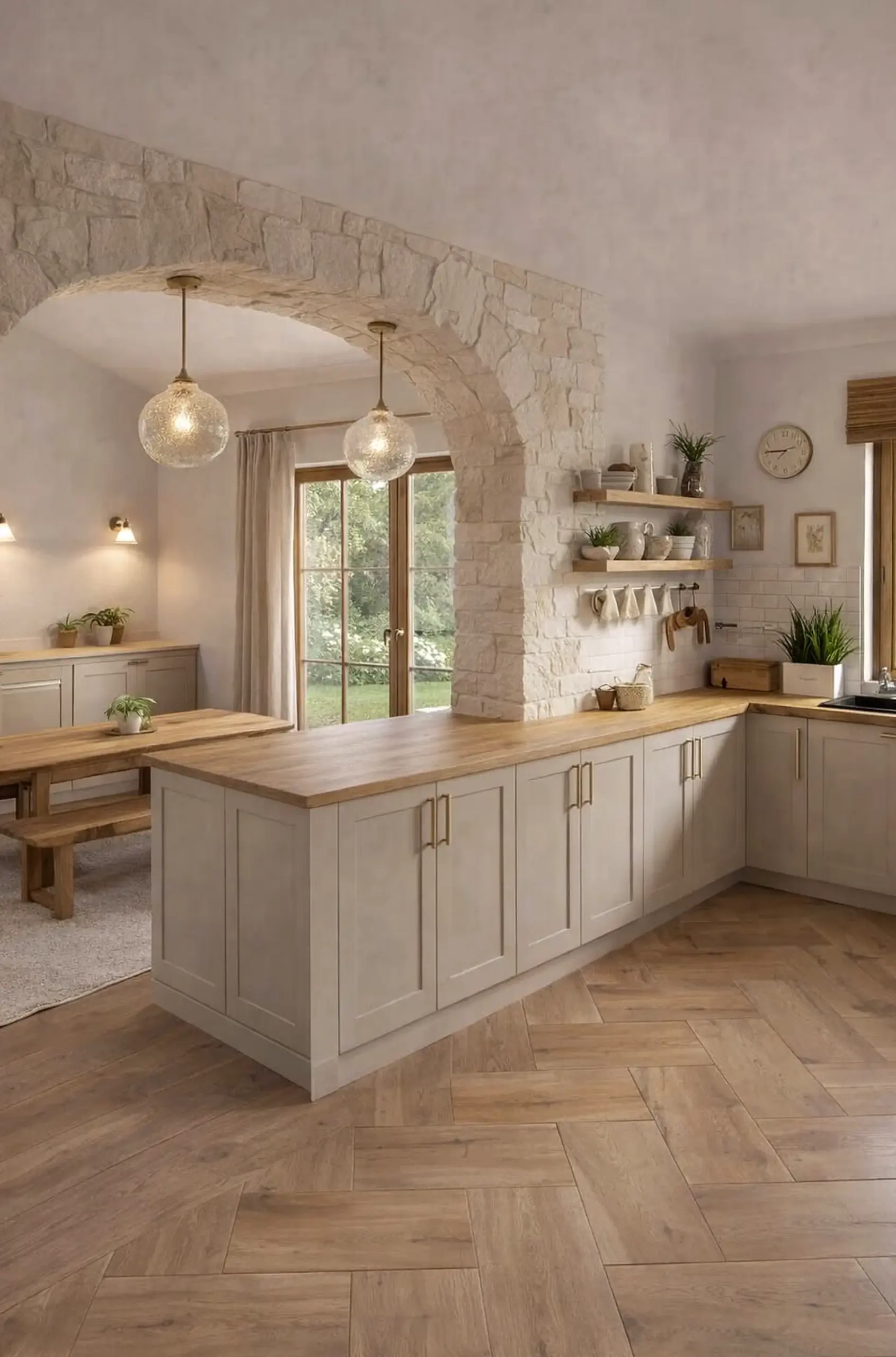 Inviting kitchen nook anchors the table with order, giving the view a mood that feels soft at the edges.