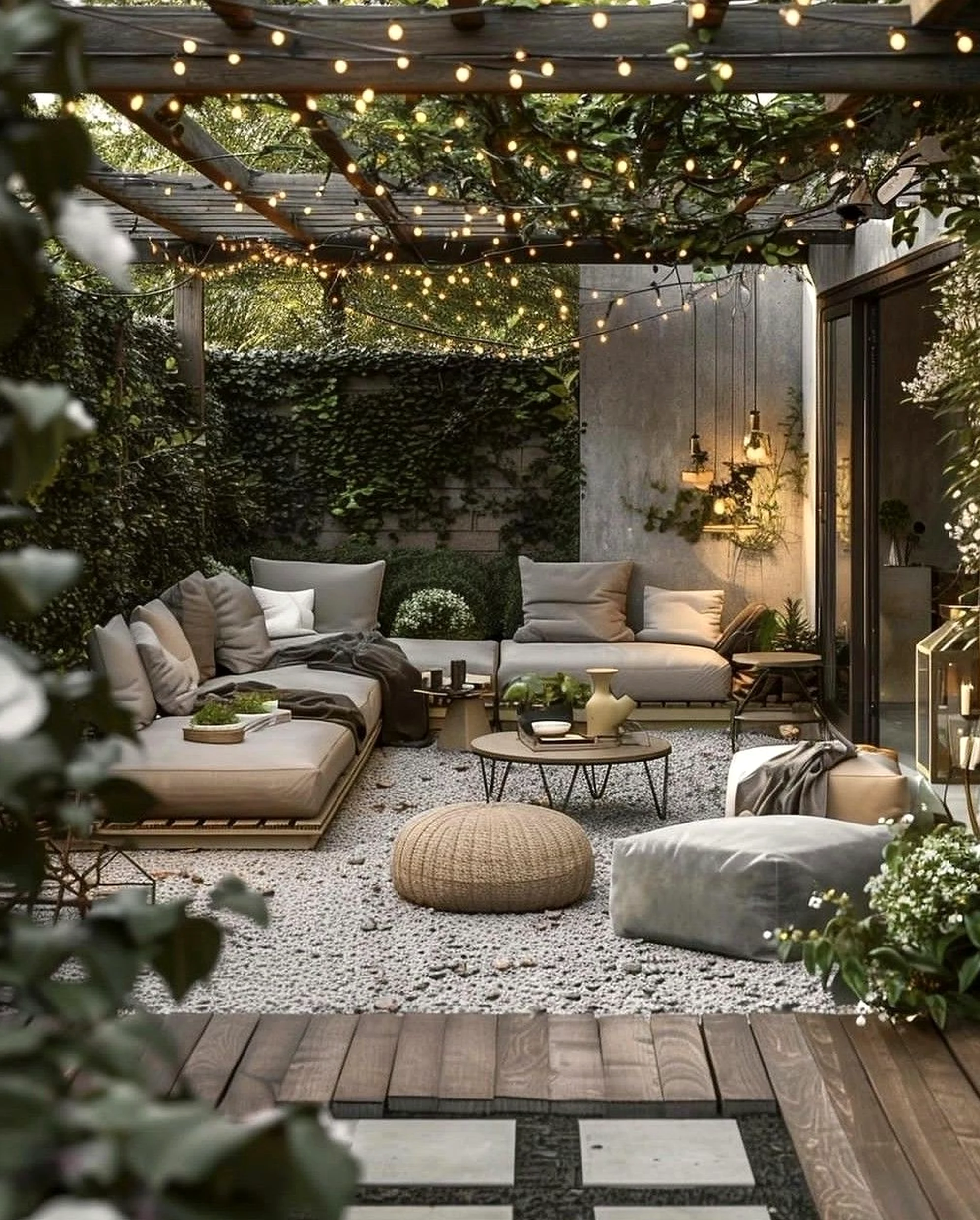 Simple wooden deck anchors the sitting area with contrast, giving the view a mood that feels quietly finished.