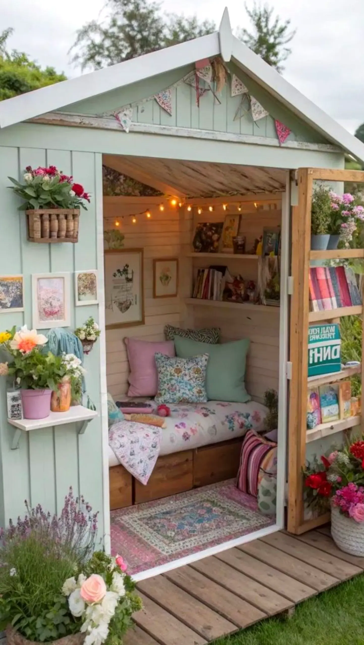 Quiet plant shelf gives the garden edge more depth, so the whole view feels open and lived-in.