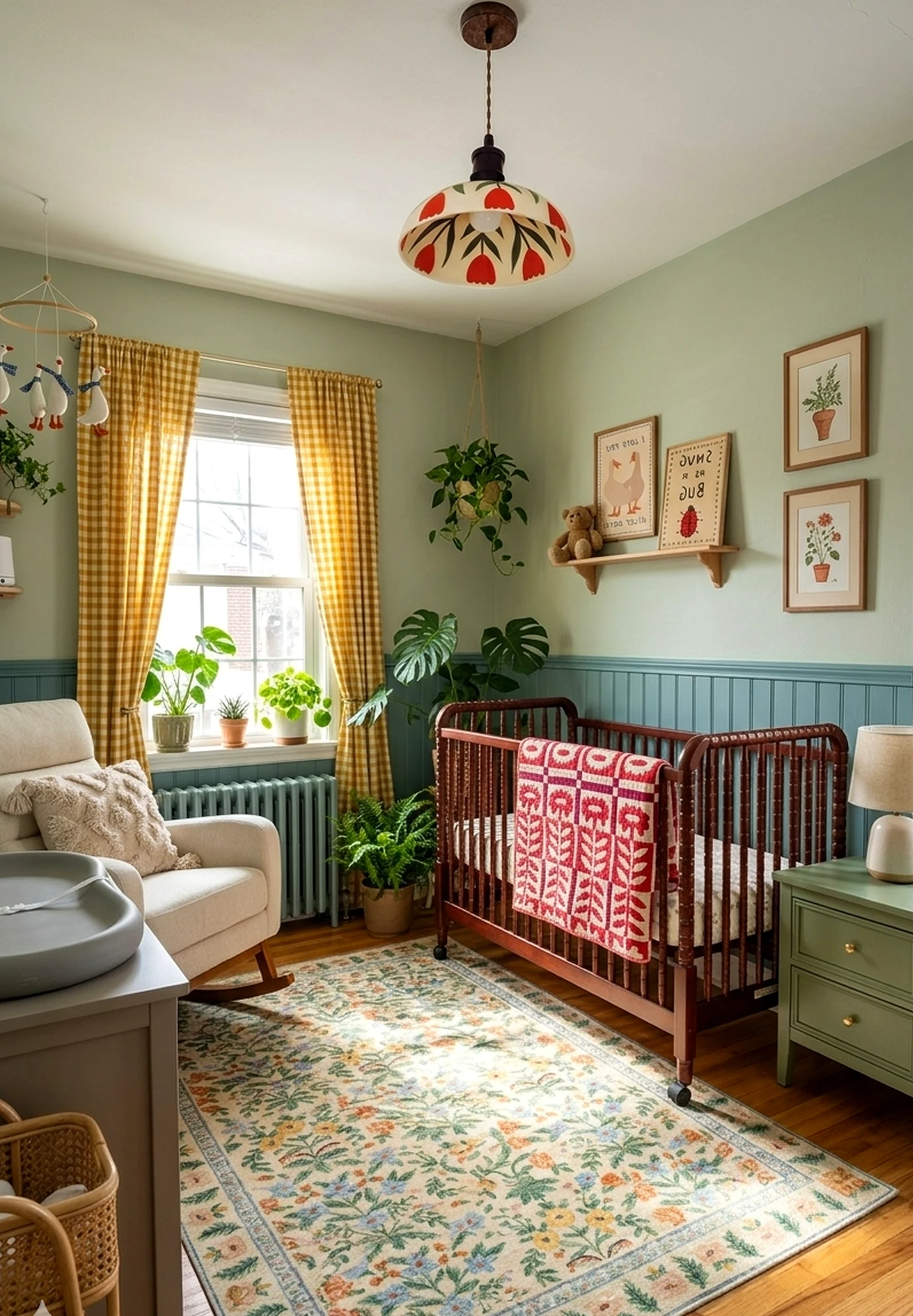 Layered bedside layer draws attention to contrast while the garden edge stays settled and welcoming.