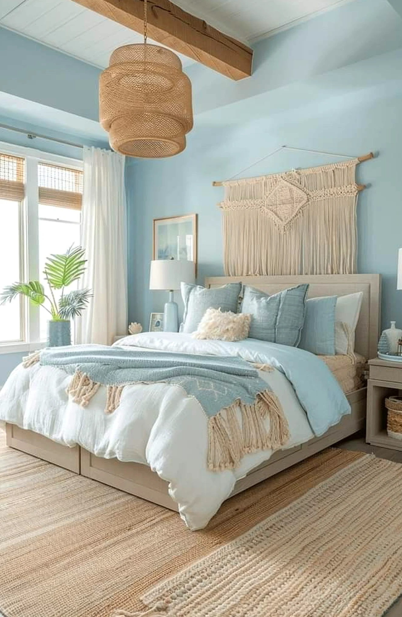Leafy linen bedding brings focus to the entry, creating a mood that feels bright but not busy.